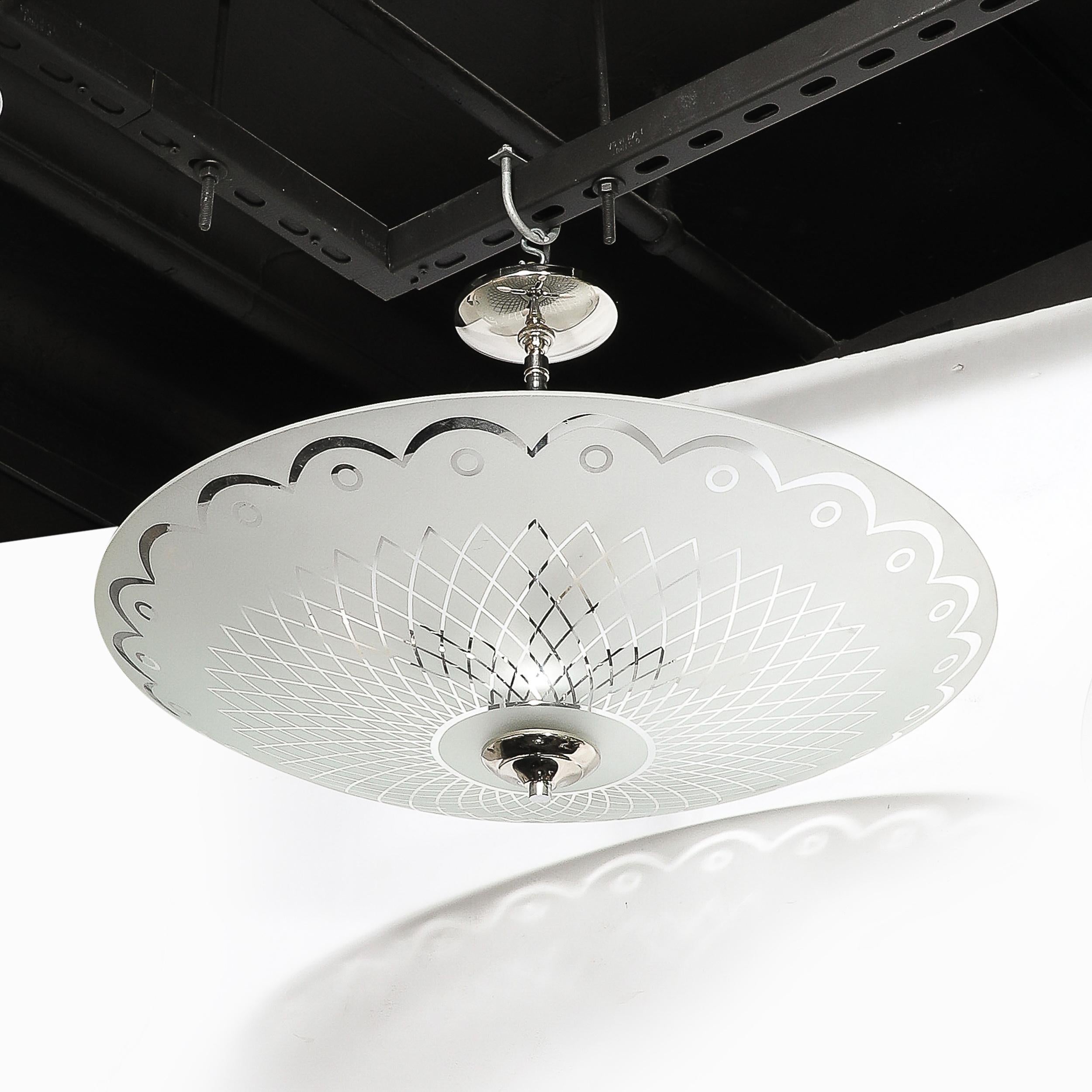 Mid-Century Frosted Glass Chandelier with Geometric Motif & Chrome Fittings For Sale 7