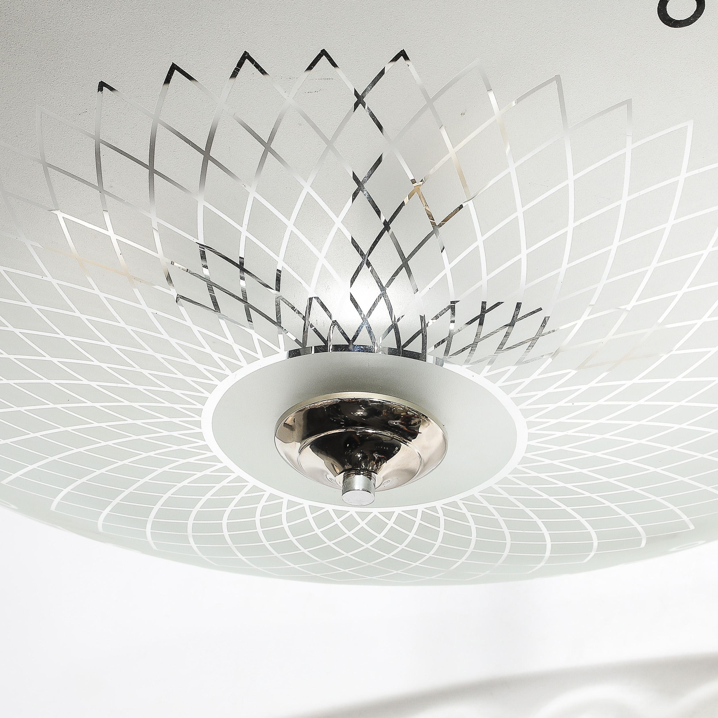 Mid-Century Frosted Glass Chandelier with Geometric Motif & Chrome Fittings For Sale 8
