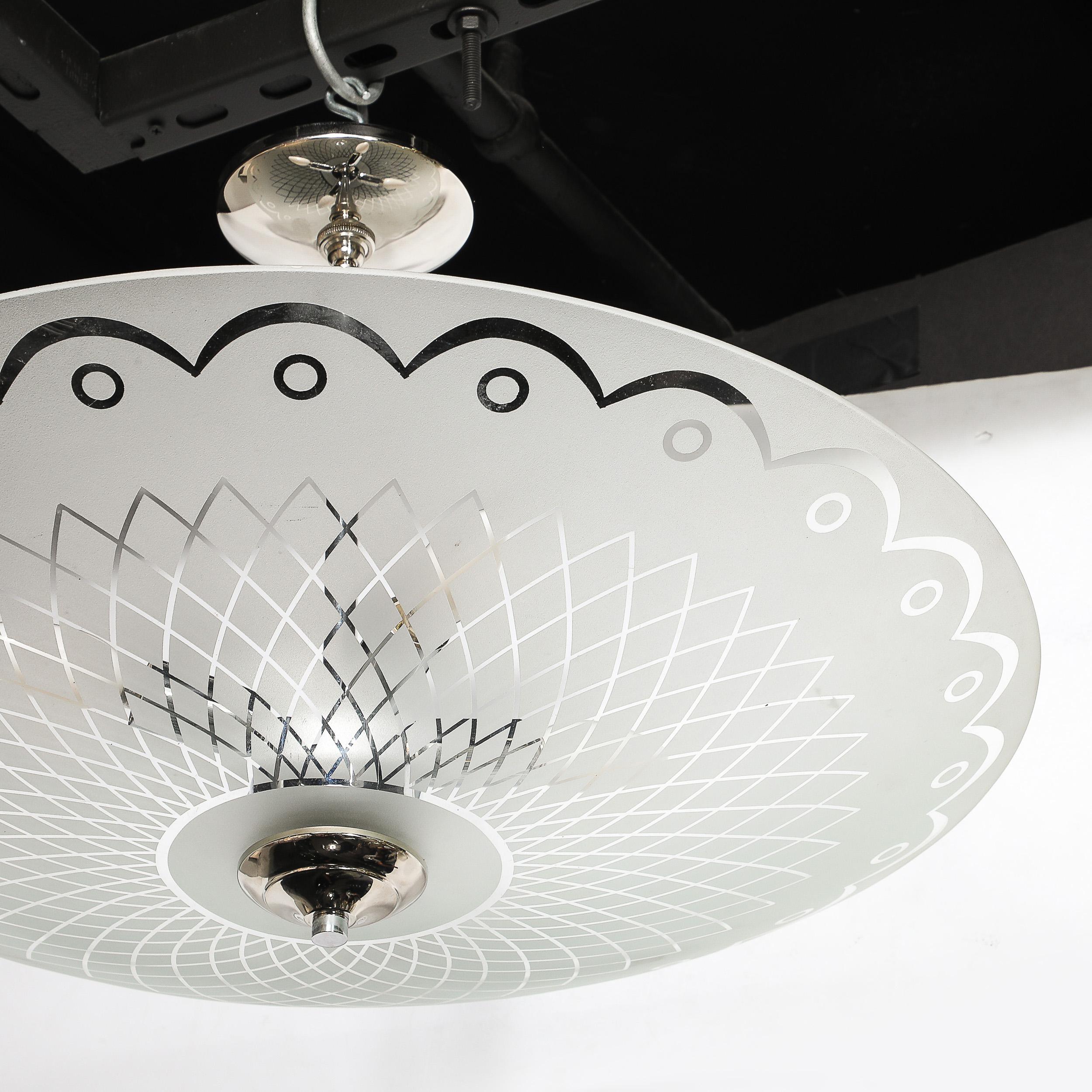 Mid-Century Frosted Glass Chandelier with Geometric Motif & Chrome Fittings For Sale 9