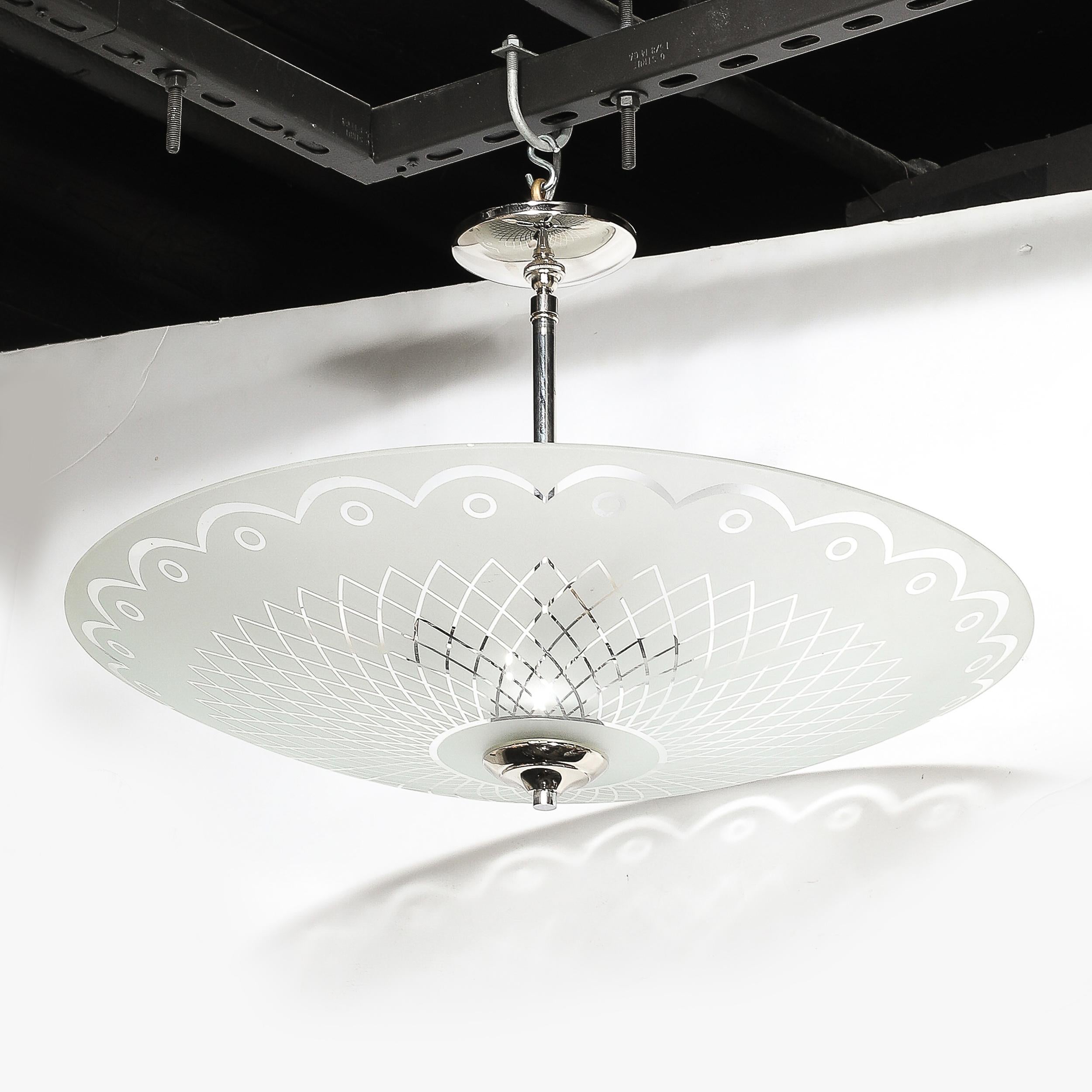 Mid-Century Frosted Glass Chandelier with Geometric Motif & Chrome Fittings For Sale 10