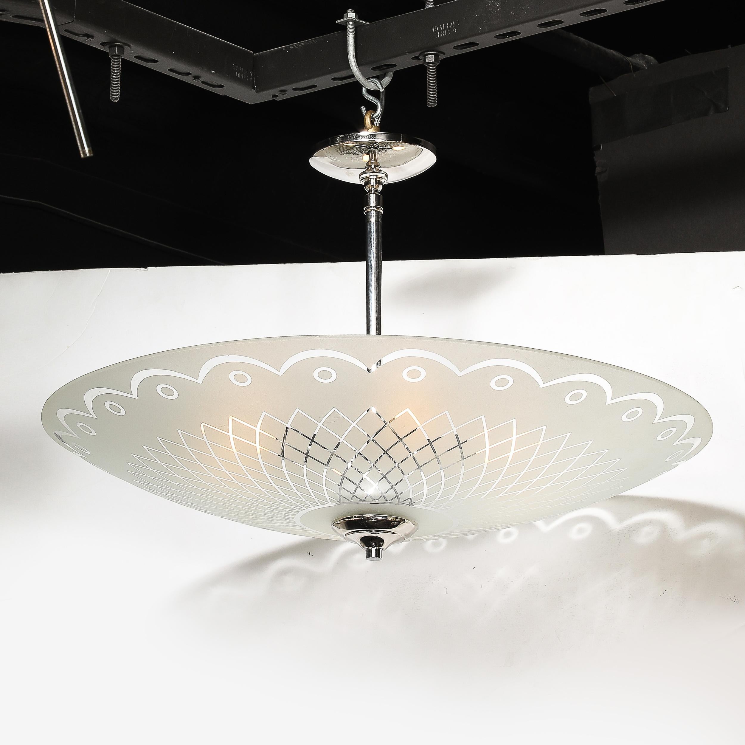 Mid-Century Frosted Glass Chandelier with Geometric Motif & Chrome Fittings For Sale 11