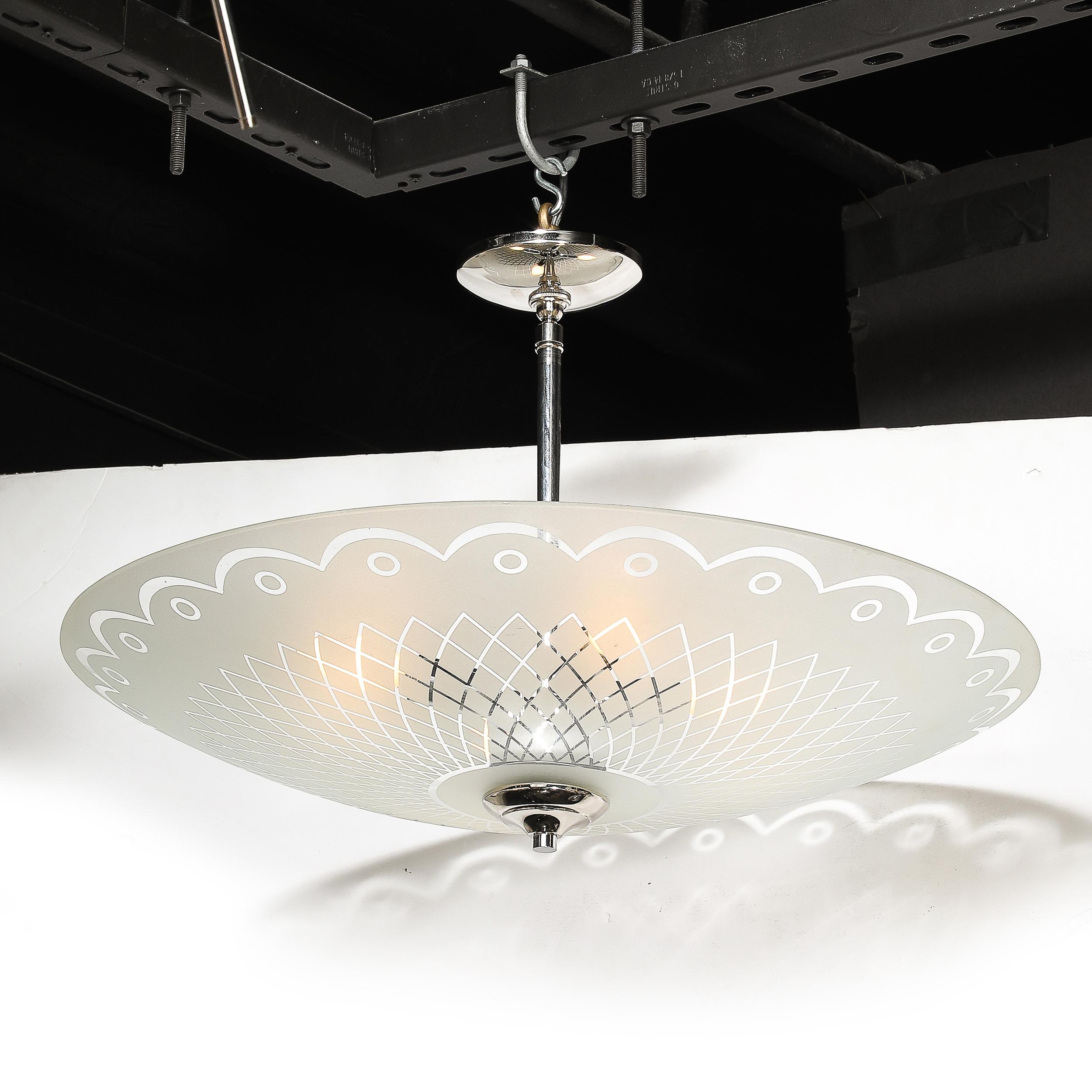 Mid-Century Frosted Glass Chandelier with Geometric Motif & Chrome Fittings For Sale 12