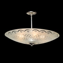 Mid-Century Frosted Glass Chandelier with Geometric Motif & Chrome Fittings