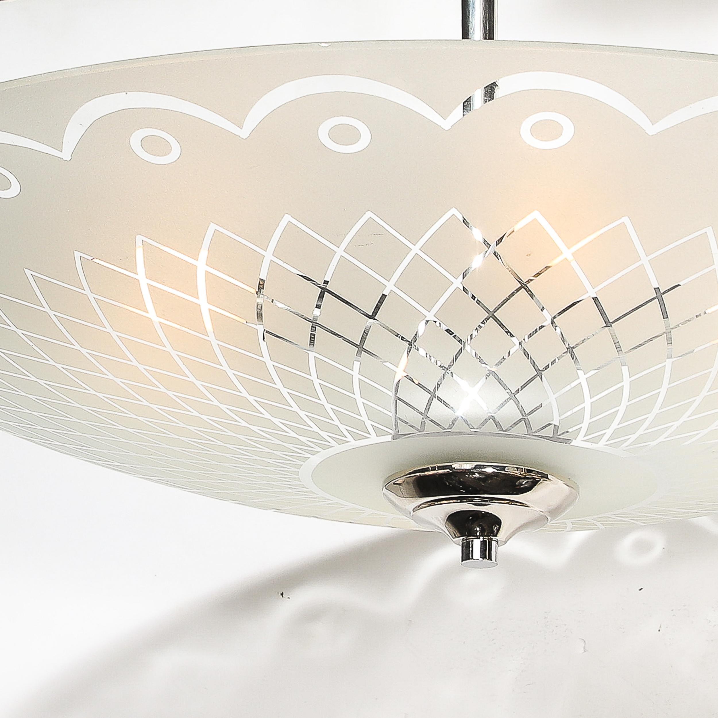 Mid-Century Frosted Glass Chandelier with Geometric Motif & Chrome Fittings For Sale 14