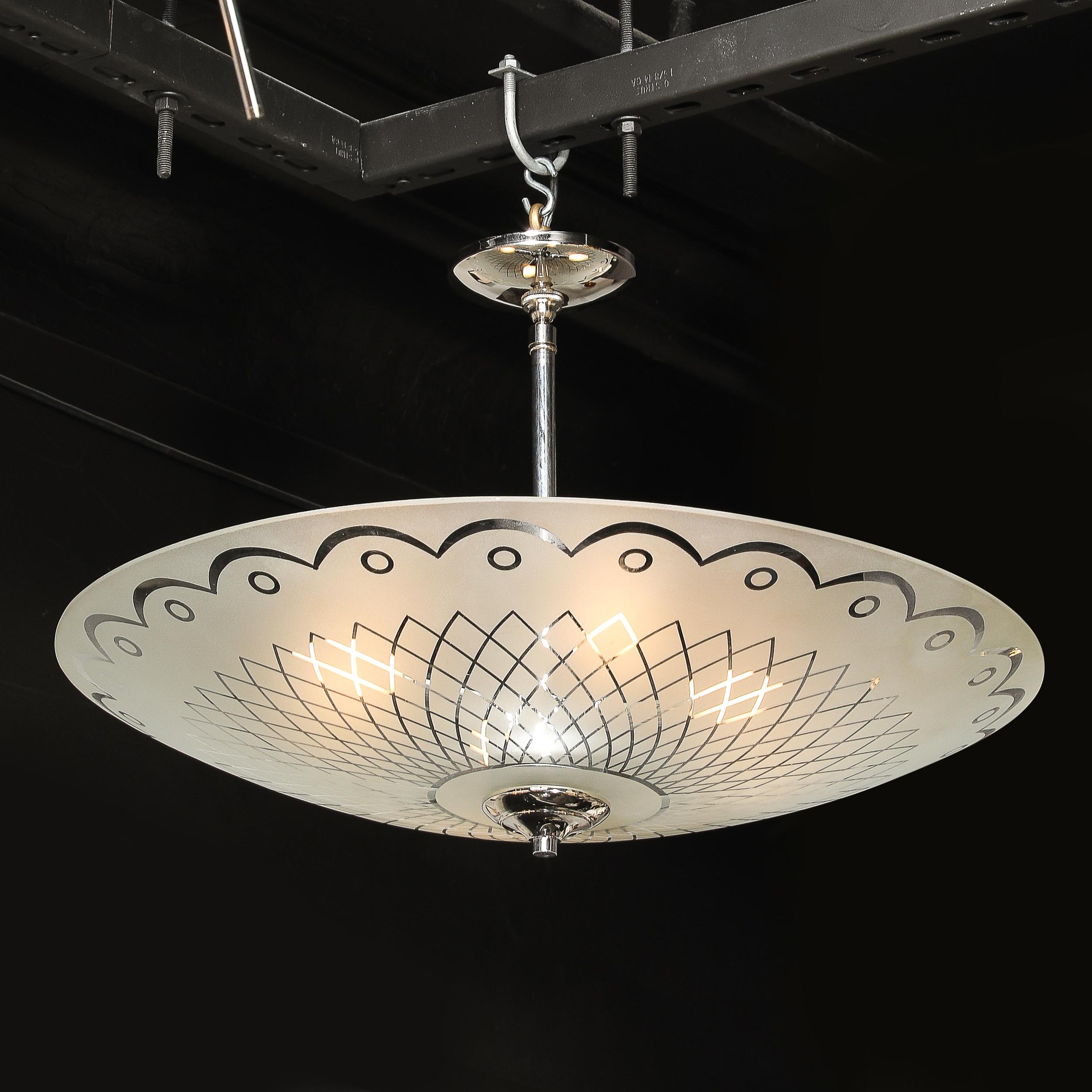 Mid-Century Modern Mid-Century Frosted Glass Chandelier with Geometric Motif & Chrome Fittings For Sale