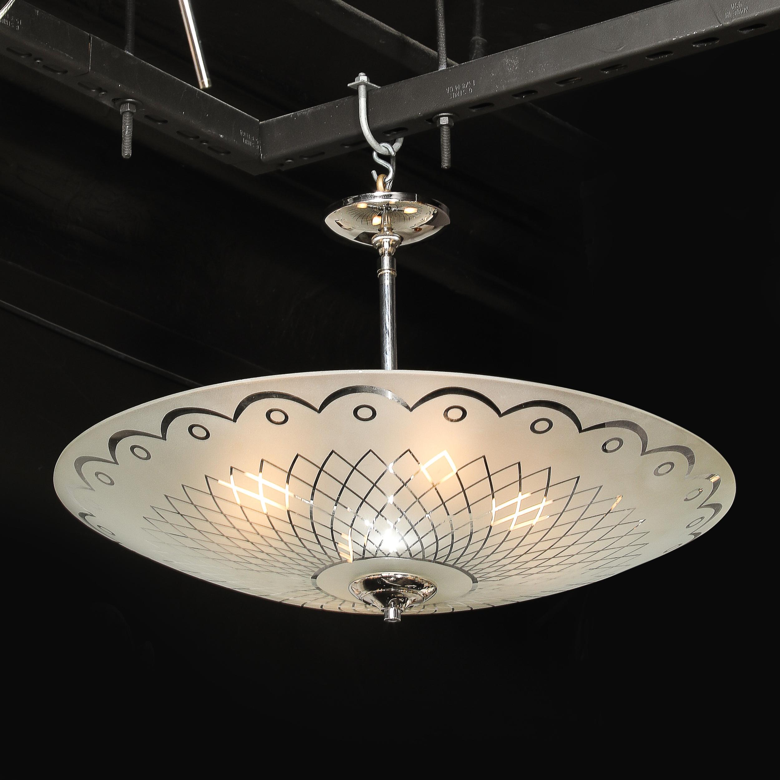 Italian Mid-Century Frosted Glass Chandelier with Geometric Motif & Chrome Fittings For Sale