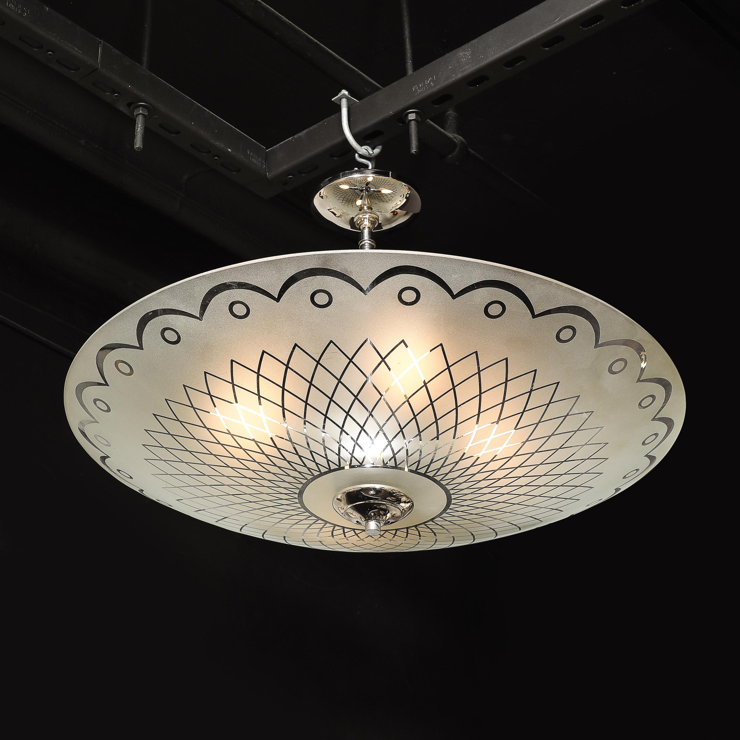 Mid-Century Frosted Glass Chandelier with Geometric Motif & Chrome Fittings In Excellent Condition For Sale In New York, NY