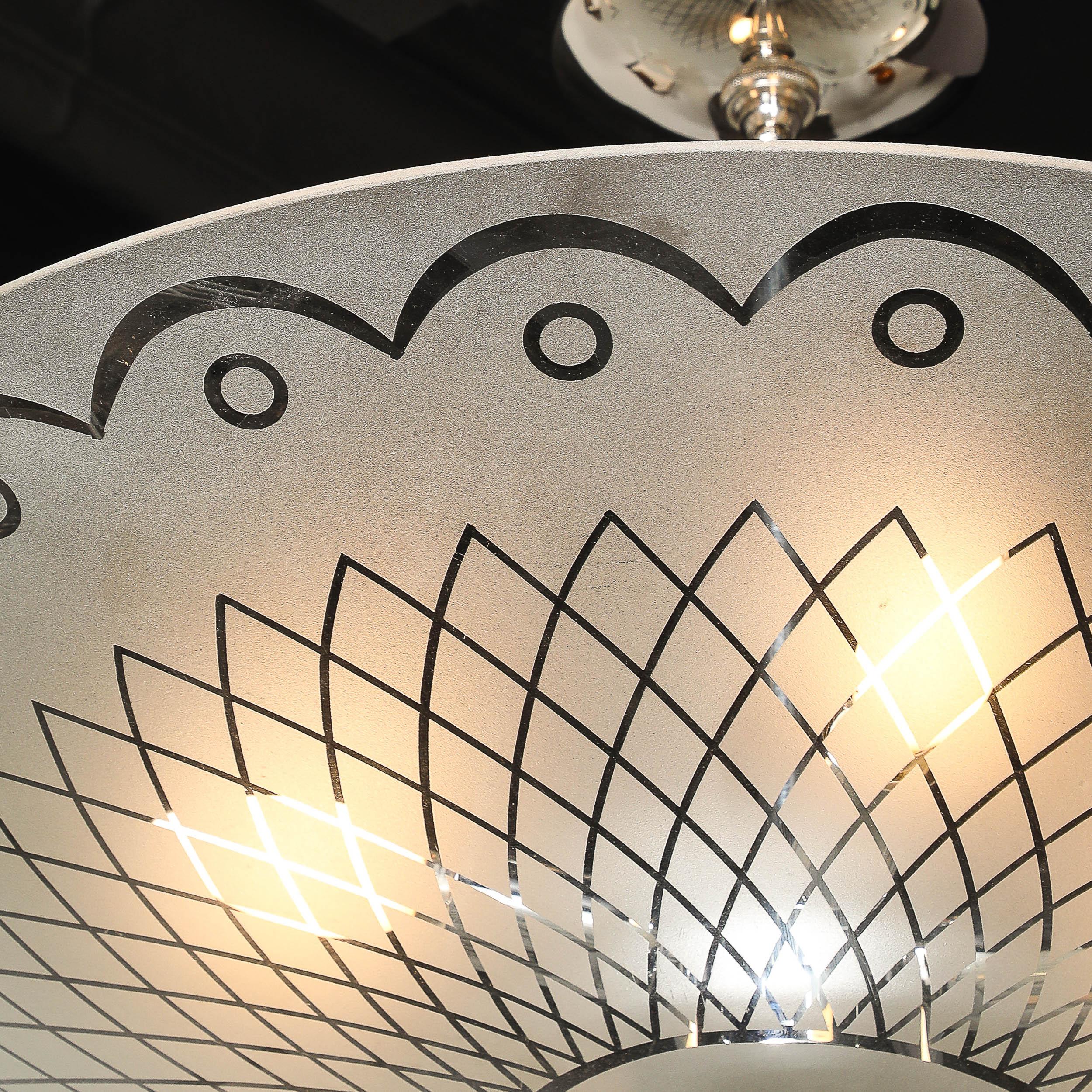 Mid-20th Century Mid-Century Frosted Glass Chandelier with Geometric Motif & Chrome Fittings For Sale