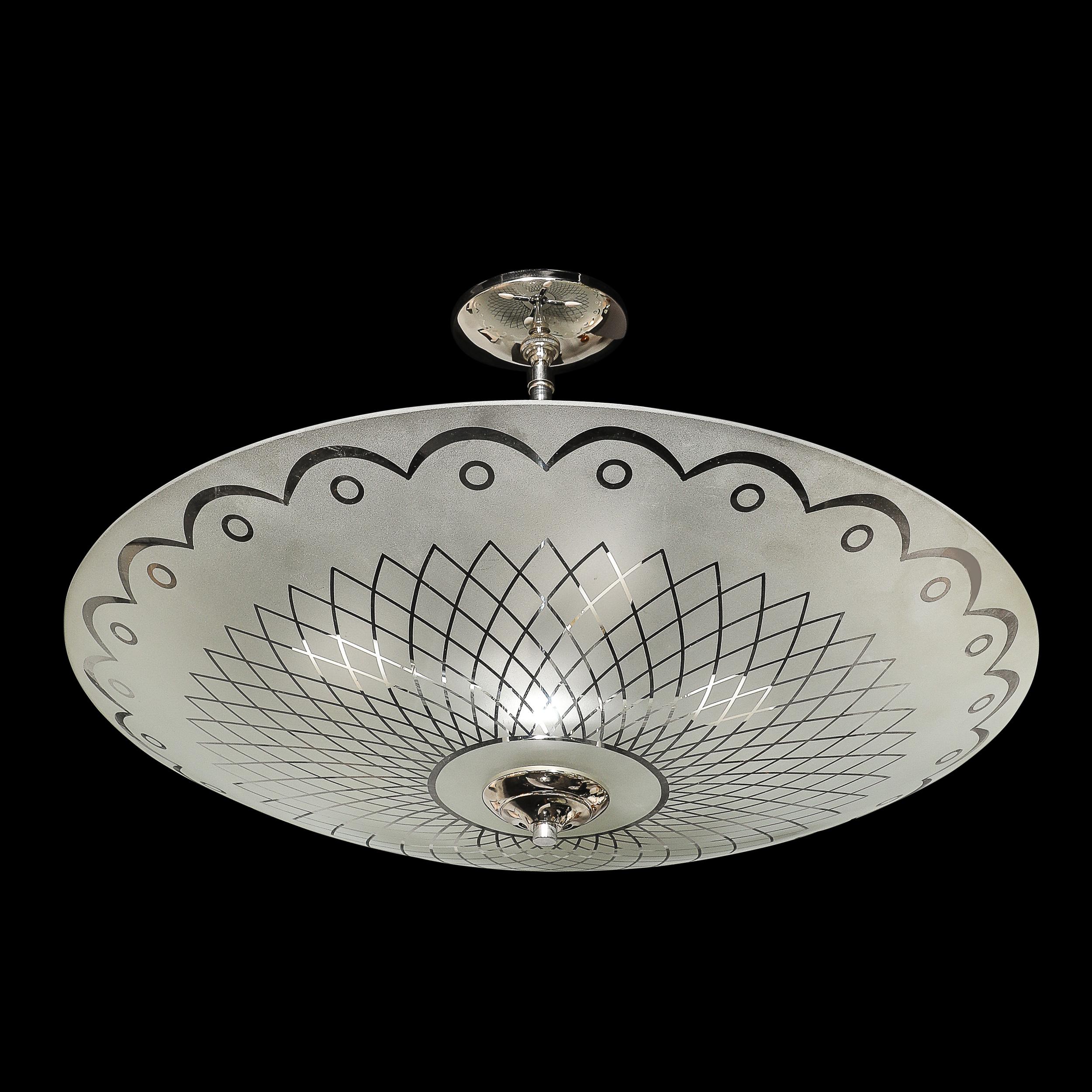 Mid-Century Frosted Glass Chandelier with Geometric Motif & Chrome Fittings For Sale 2