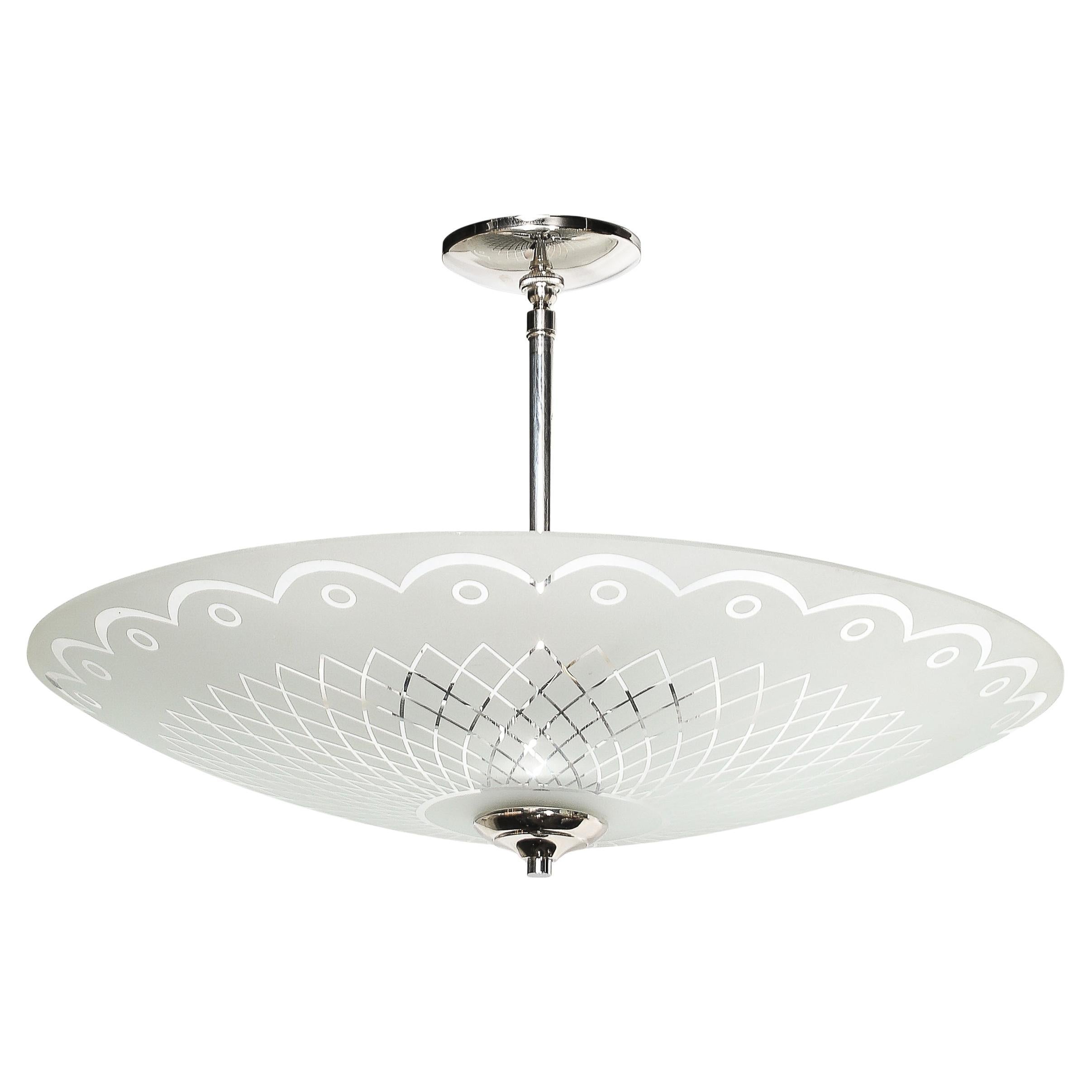 Mid-Century Frosted Glass Chandelier with Geometric Motif & Chrome Fittings For Sale
