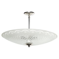 Mid-Century Frosted Glass Chandelier with Geometric Motif & Chrome Fittings