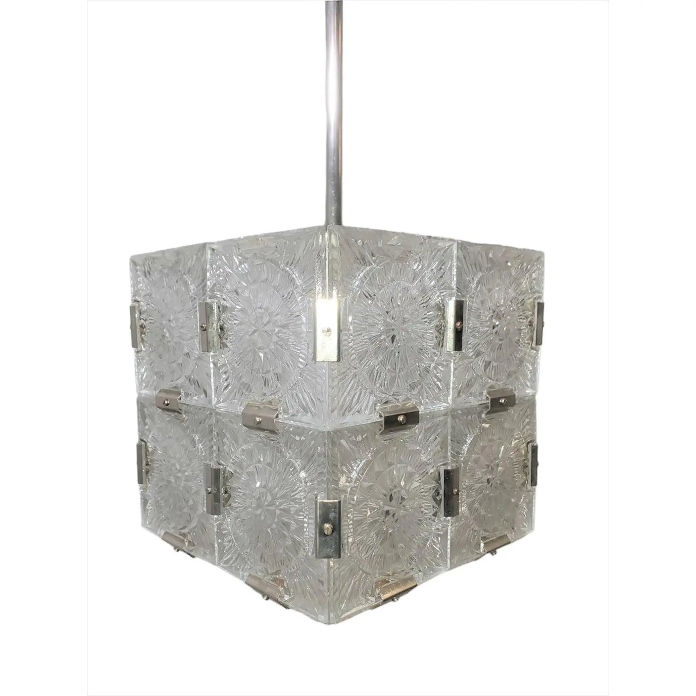 Lampada a sospensione a scatola/cubo in vetro smerigliato vintage della metà del XX secolo con stelo in nichel