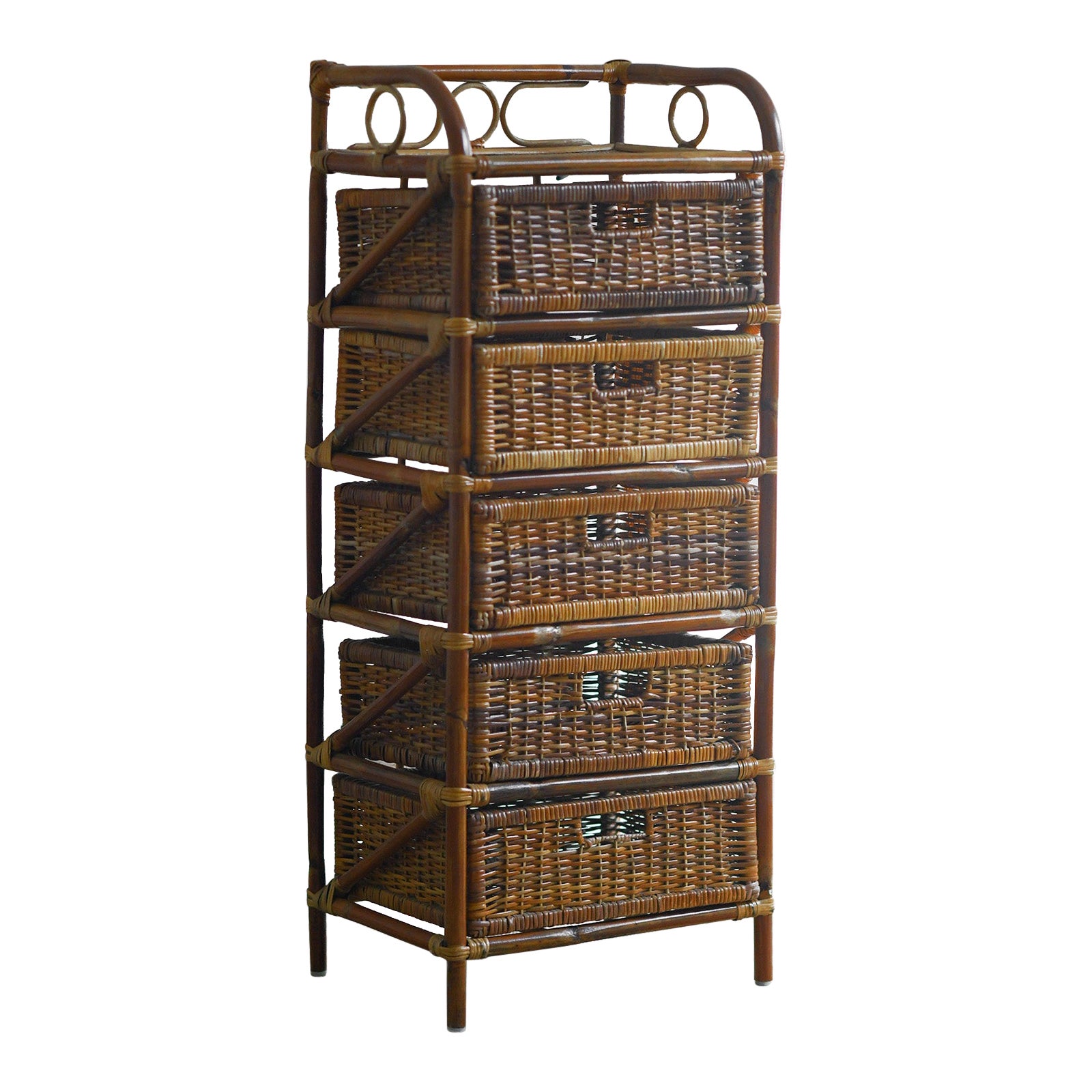 Mid-Century Fruit Stand Étagère with Handwoven Rattan Baskets