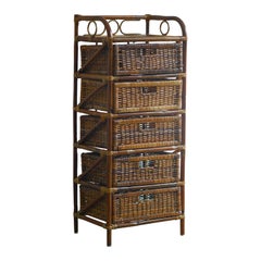 Mid-Century Fruit Stand Étagère with Handwoven Rattan Baskets