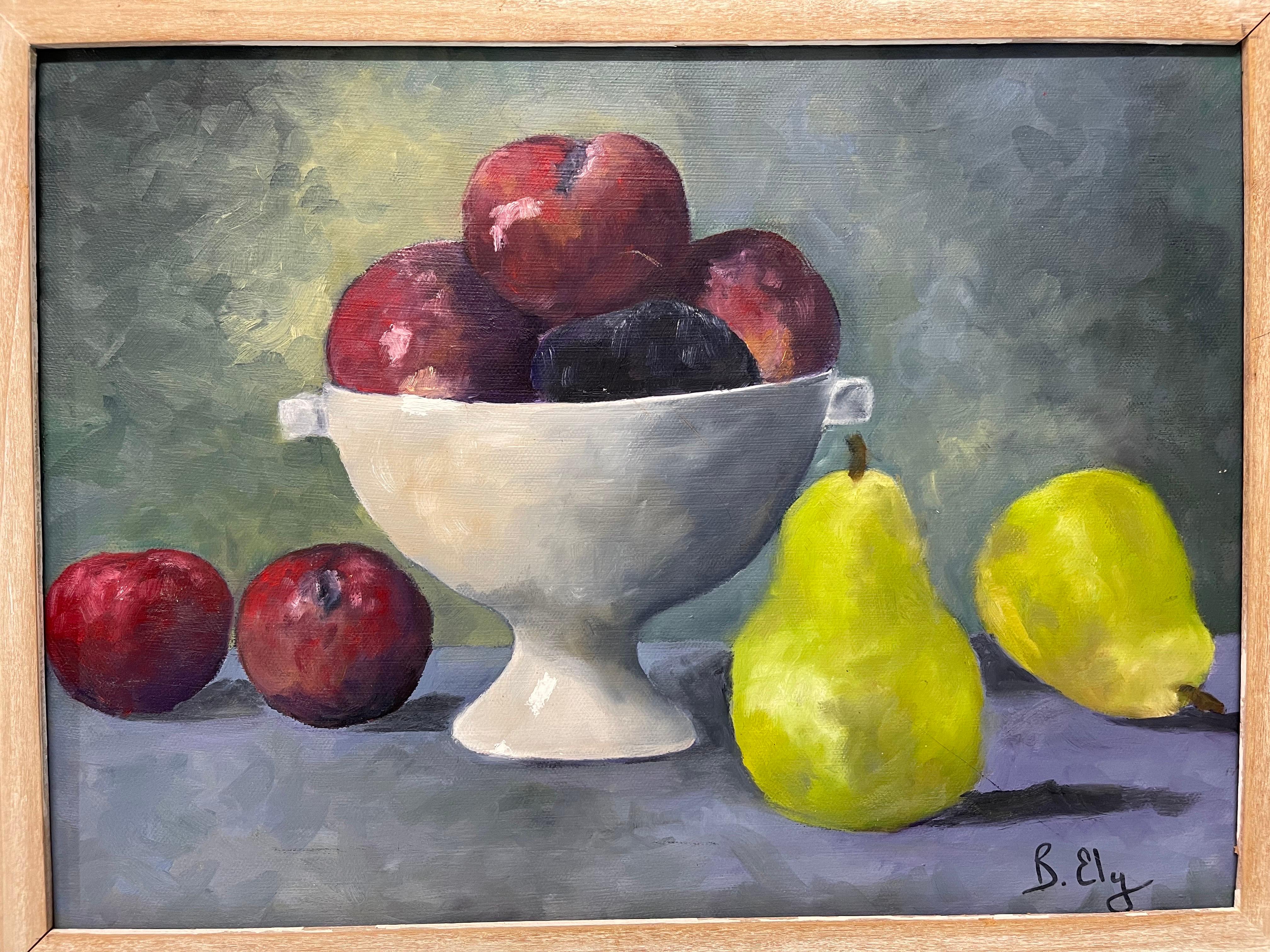 Mid Century Obst Stillleben auf Leinwand . Gezeichnet B. Ely. Schöne Farbpalette und Komposition. Ideal für eine Küche oder ein Esszimmer.