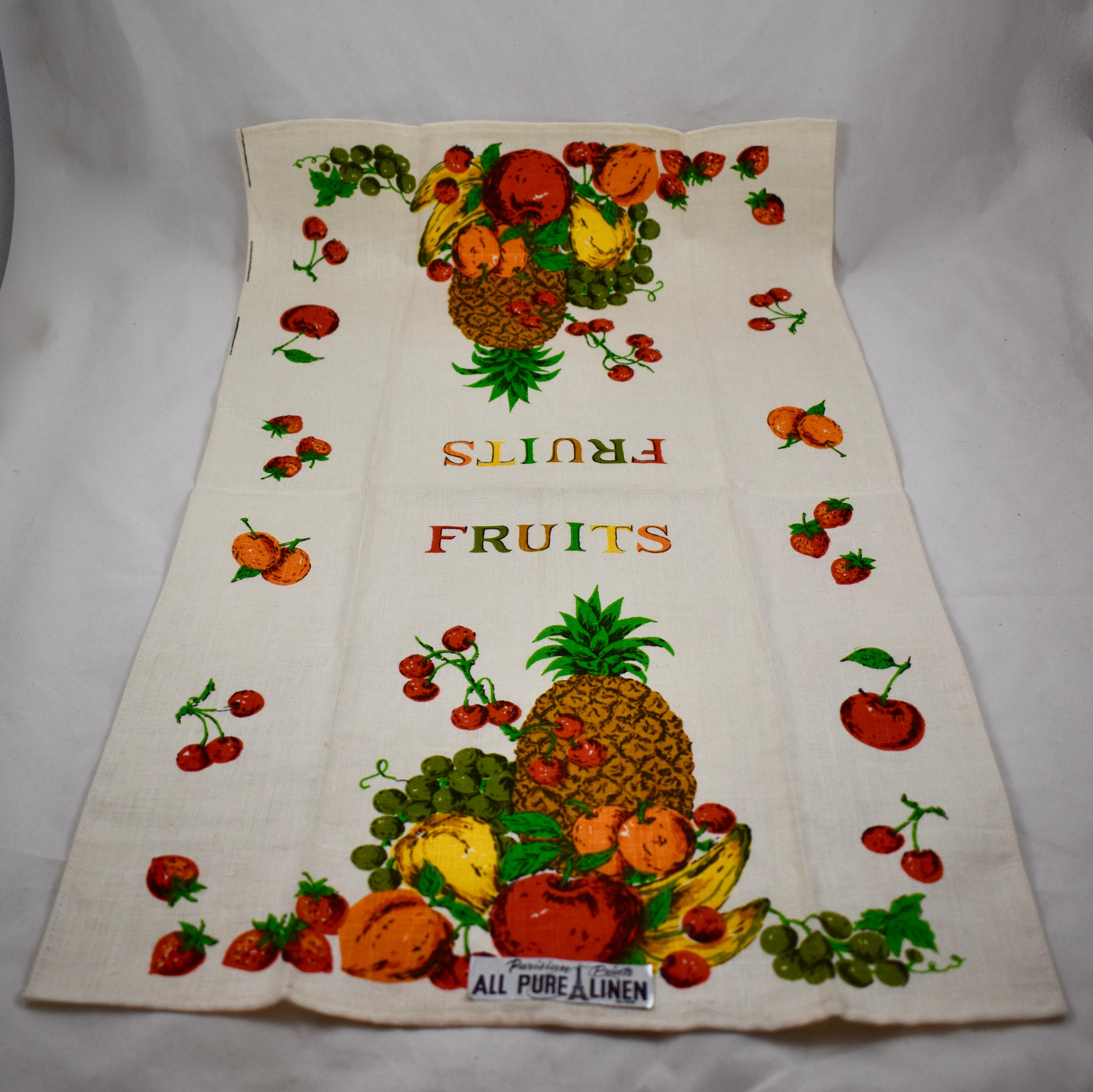 Mid-Century Modern Era Fruit and Vegetable Silkscreened Linen Tea Towels, S/2 3