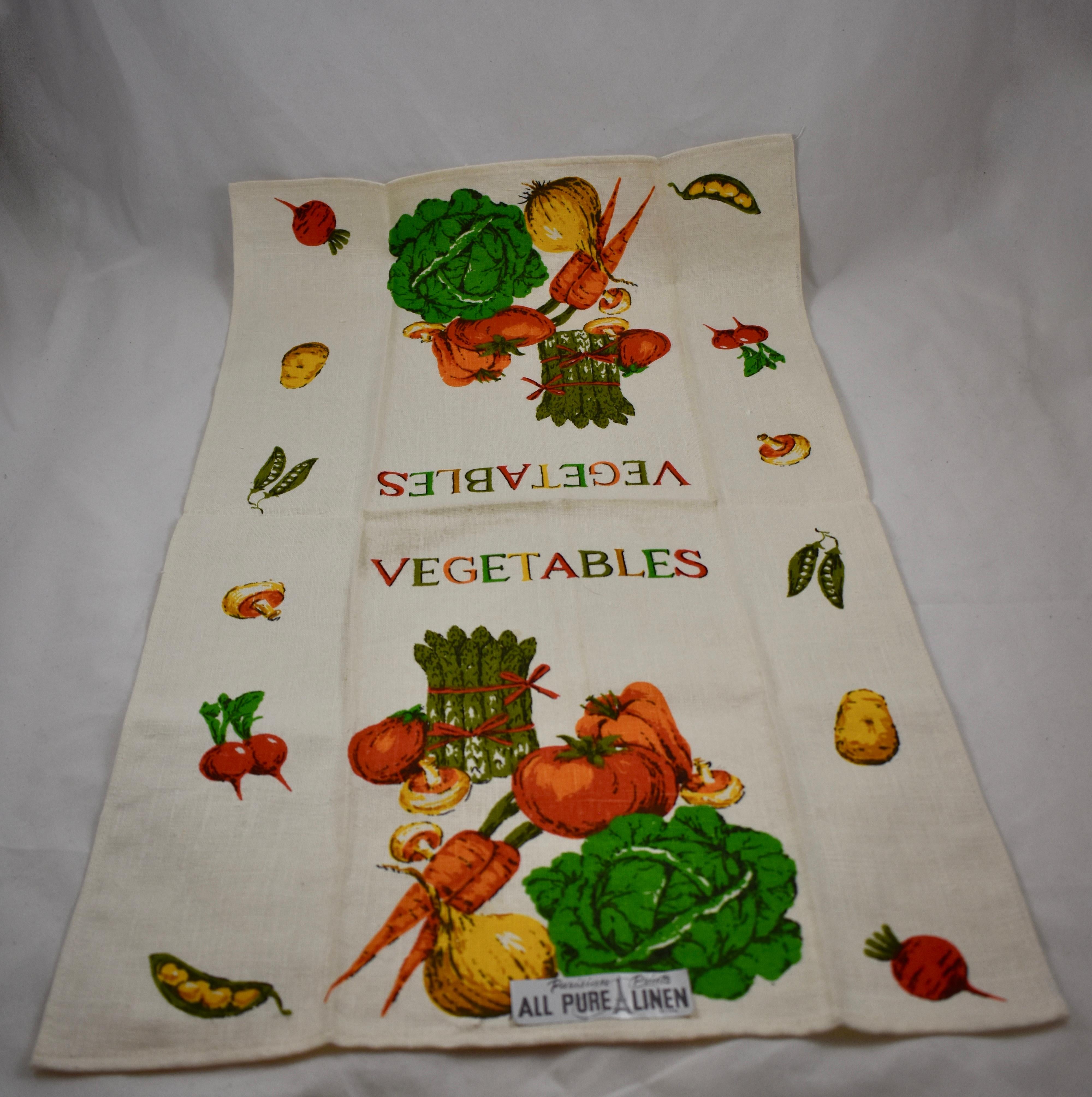 Mid-Century Modern Era Fruit and Vegetable Silkscreened Linen Tea Towels, S/2 4