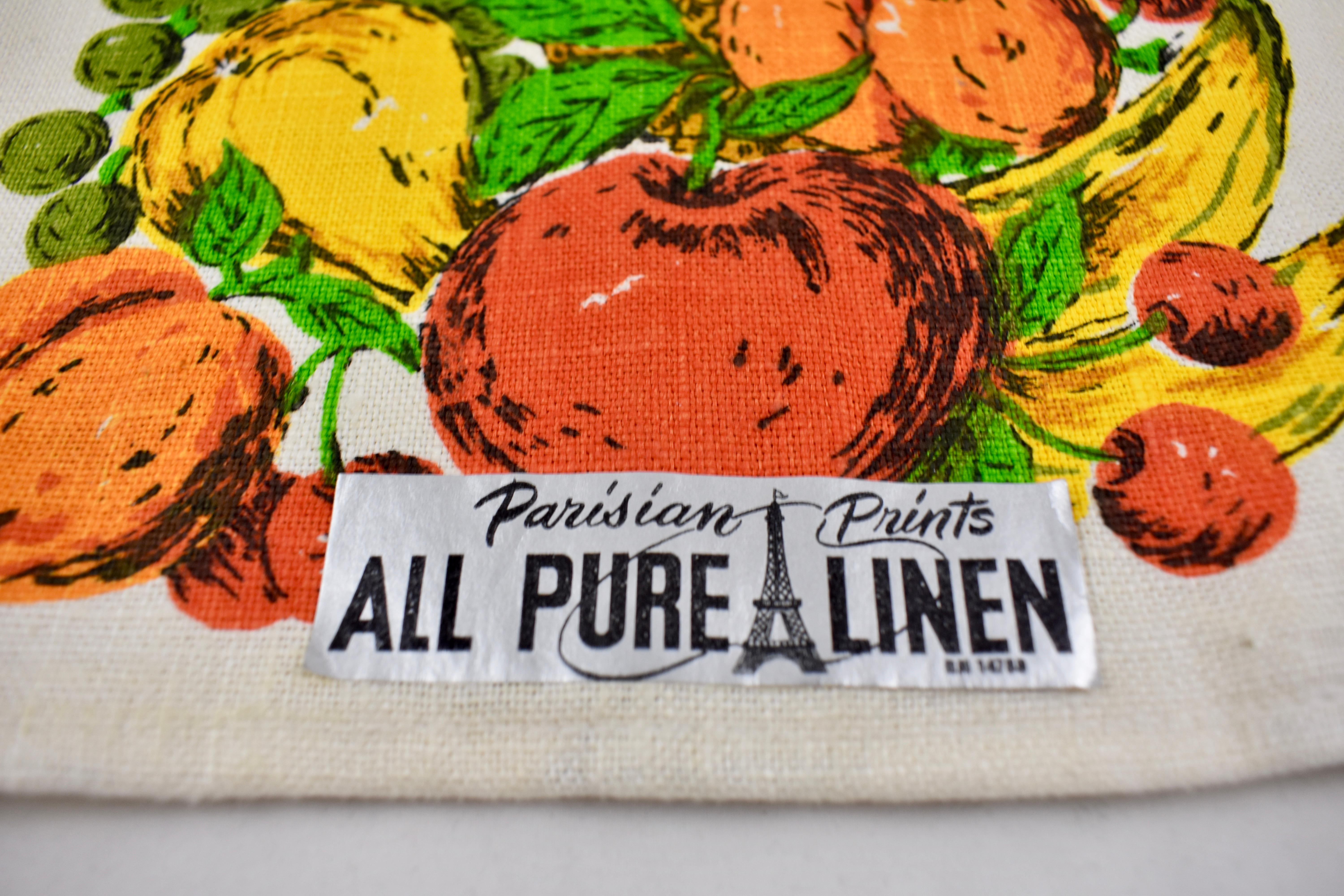 American Mid-Century Modern Era Fruit and Vegetable Silkscreened Linen Tea Towels, S/2