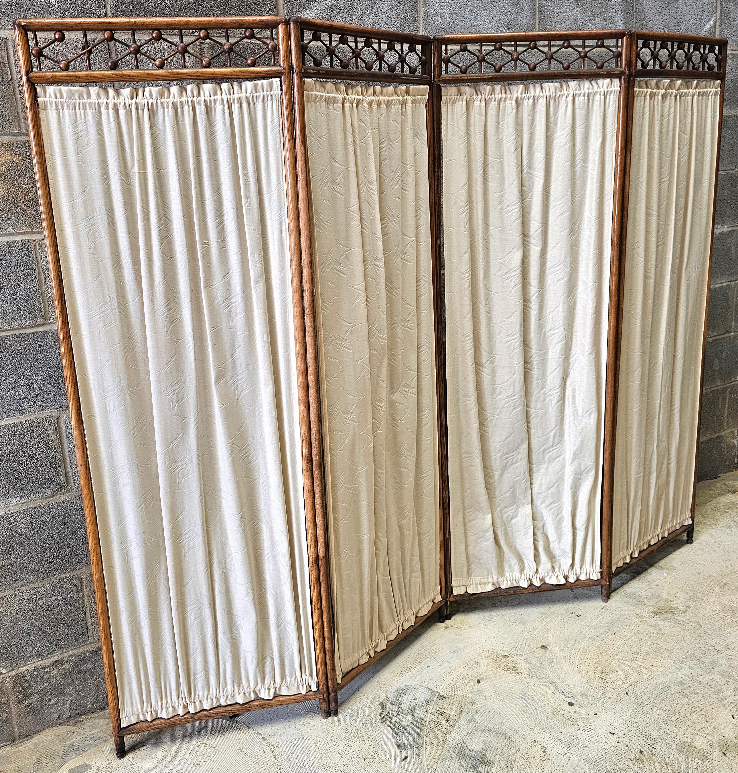 Mid-Century Modern Mid-Century Fruitwood and Textile Four-Fold Galleried Floor Screen For Sale