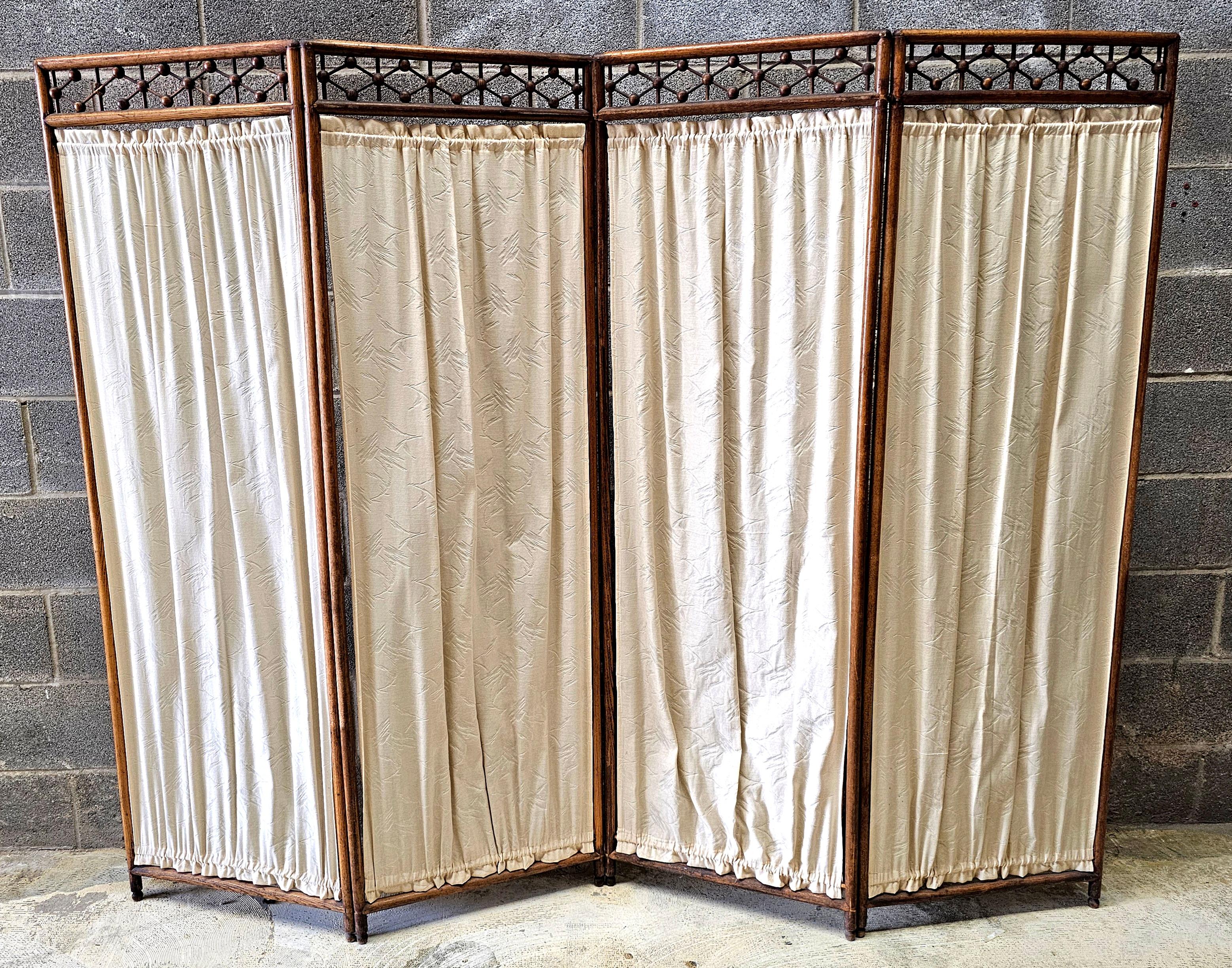 American Mid-Century Fruitwood and Textile Four-Fold Galleried Floor Screen For Sale
