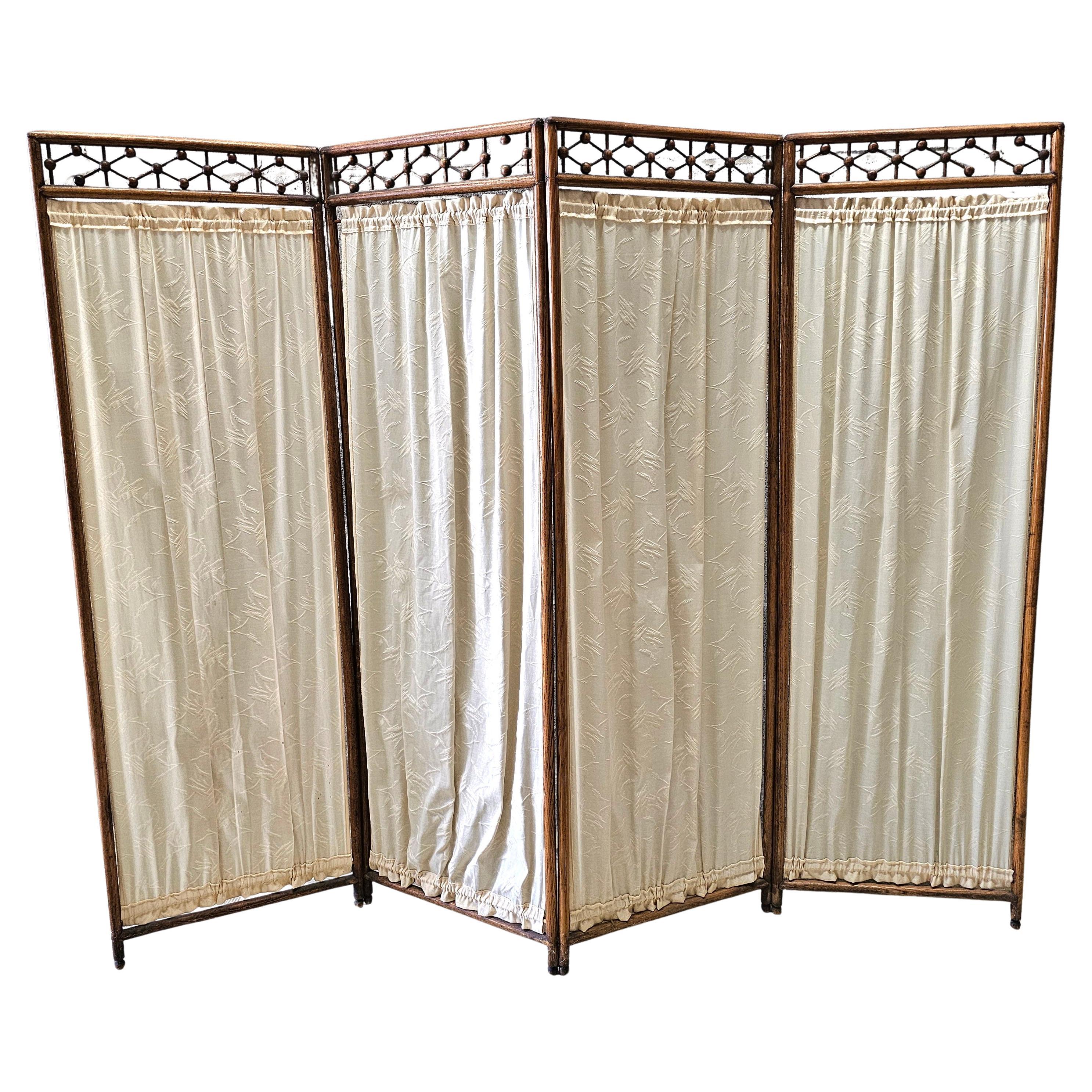 Mid-Century Fruitwood and Textile Four-Fold Galleried Floor Screen For Sale