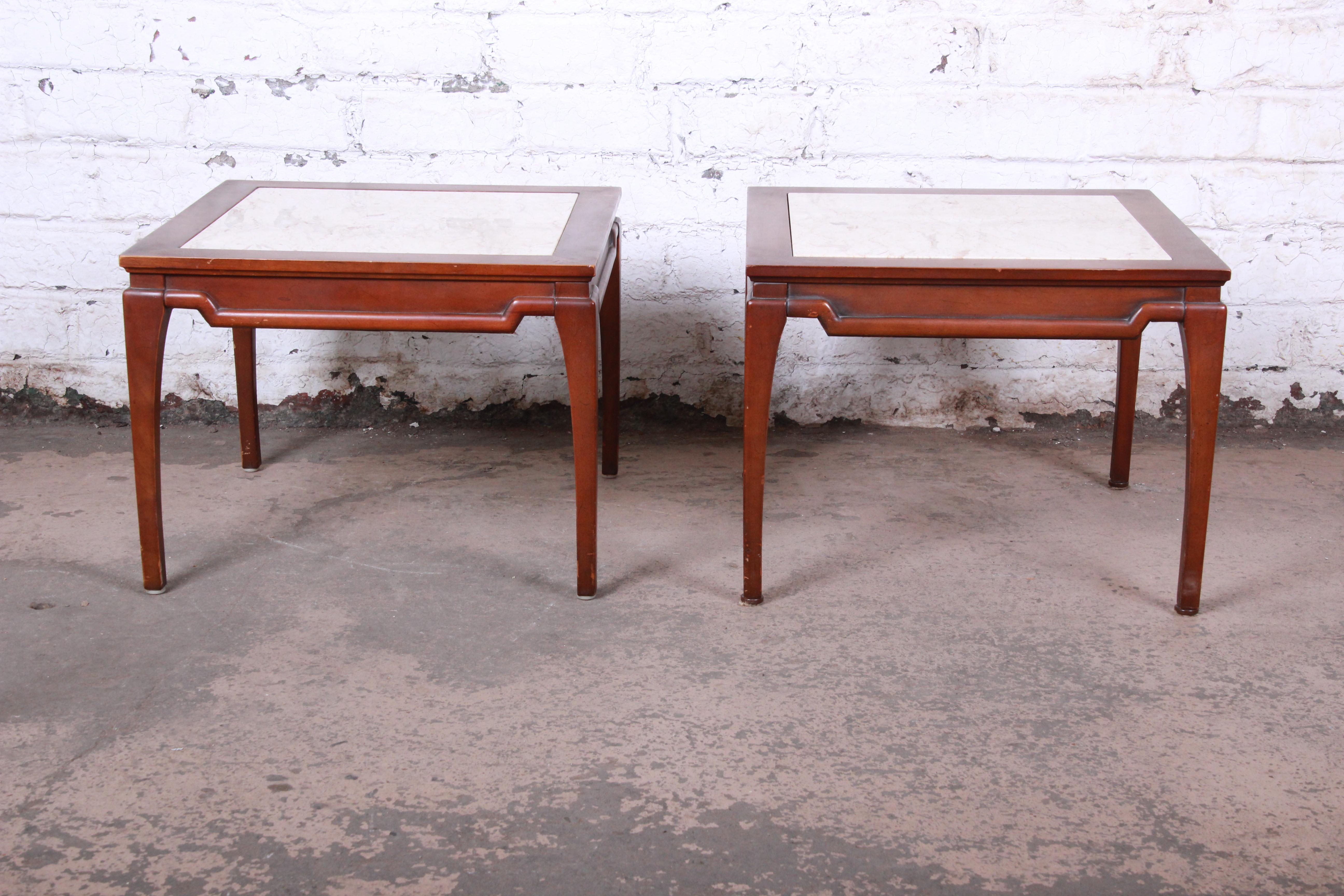 Mid-Century Modern Midcentury Fruitwood Side Tables with Italian Marble Tops, Pair