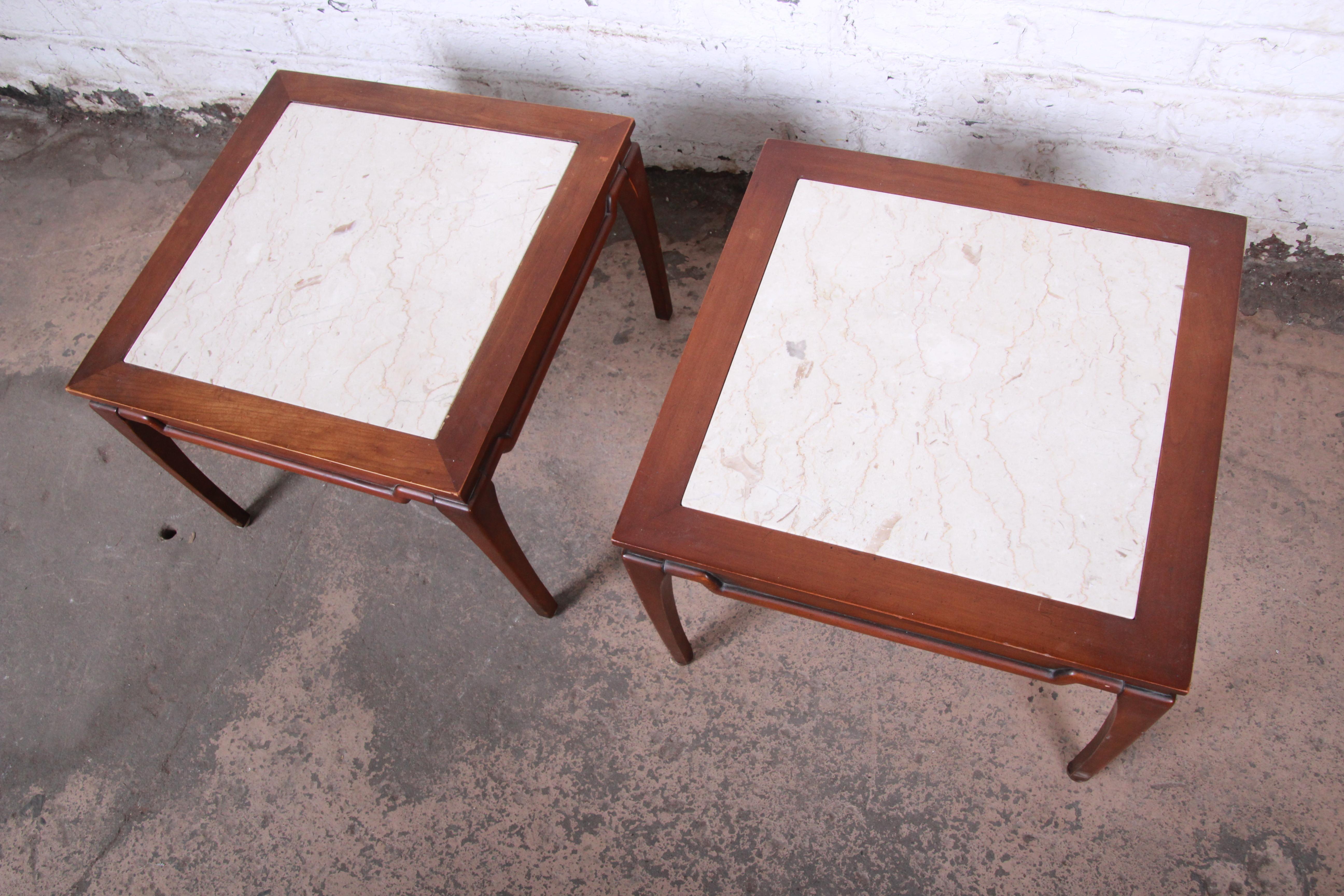 Midcentury Fruitwood Side Tables with Italian Marble Tops, Pair In Good Condition In South Bend, IN
