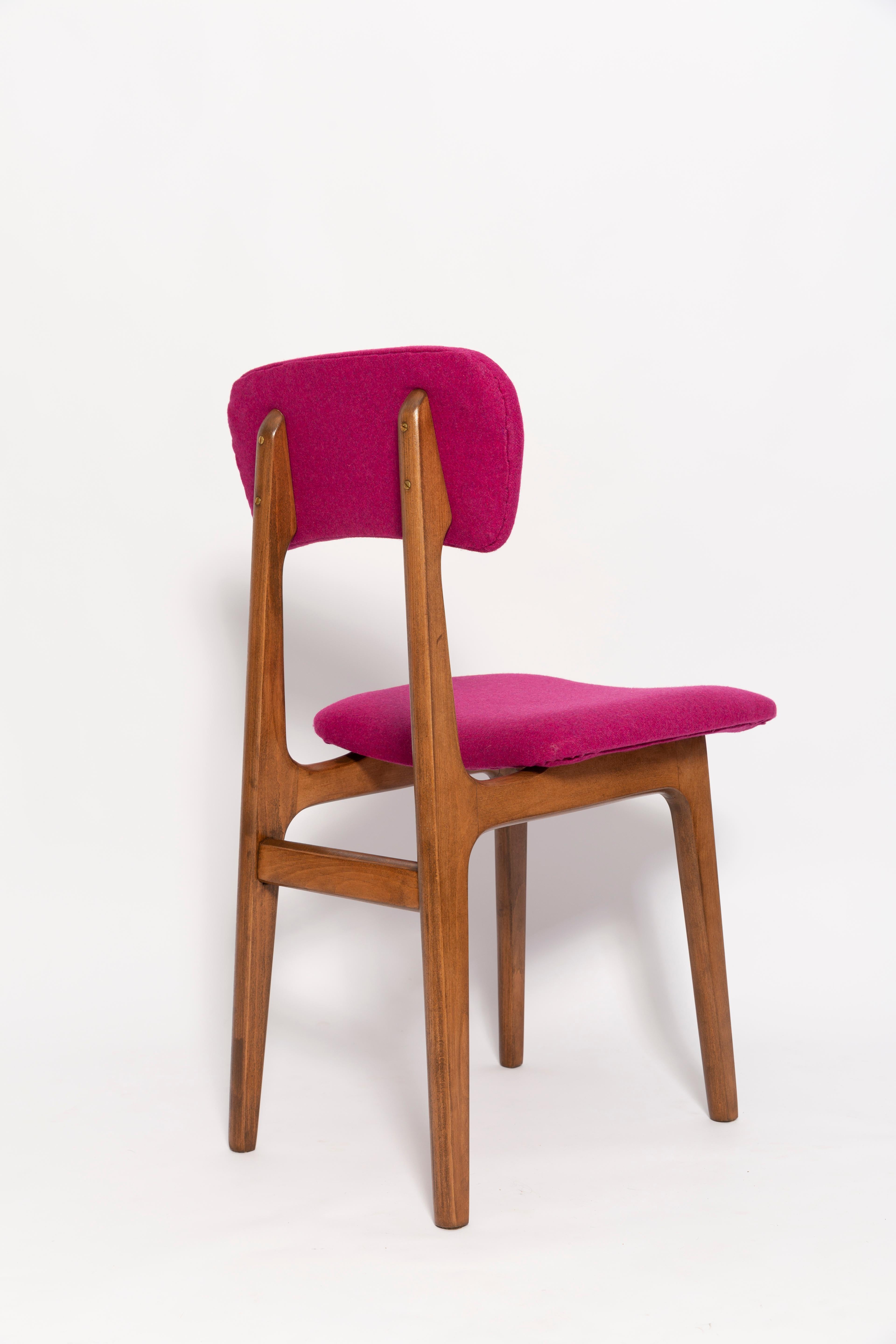 Hand-Crafted Mid Century Fuchsia Pink Wool Chair, Walnut Wood, Rajmund Halas, Europe, 1960s For Sale