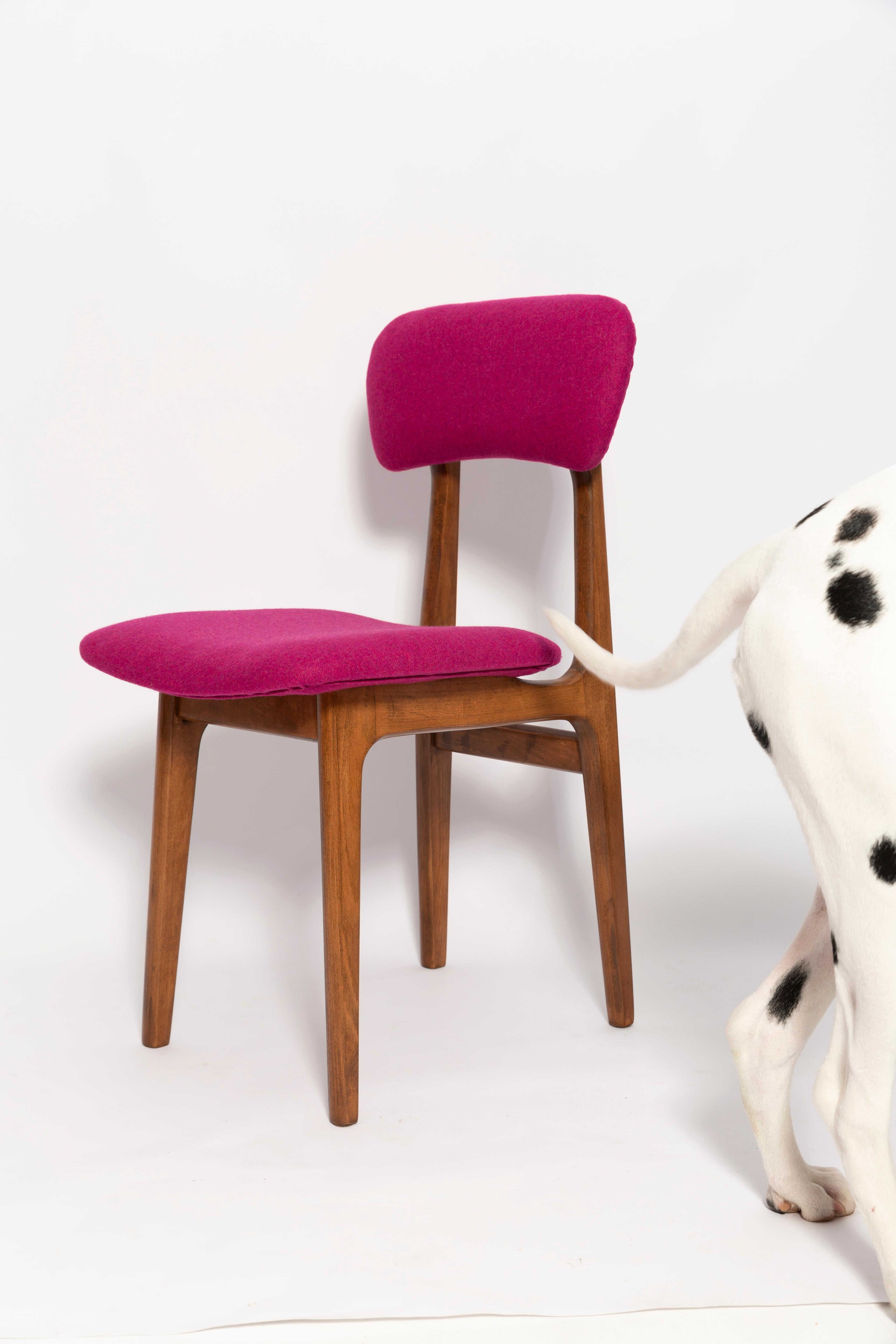 Velvet Mid Century Fuchsia Pink Wool Chair, Walnut Wood, Rajmund Halas, Europe, 1960s For Sale