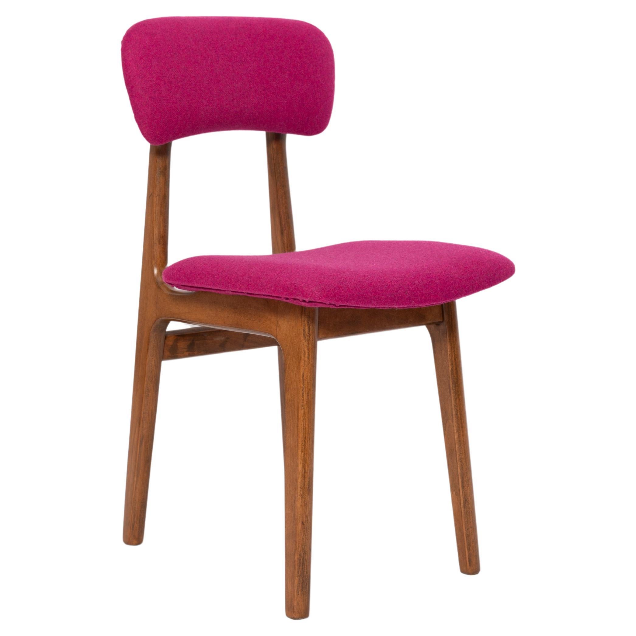 Mid Century Fuchsia Pink Wool Chair, Walnut Wood, Rajmund Halas, Europe, 1960s For Sale