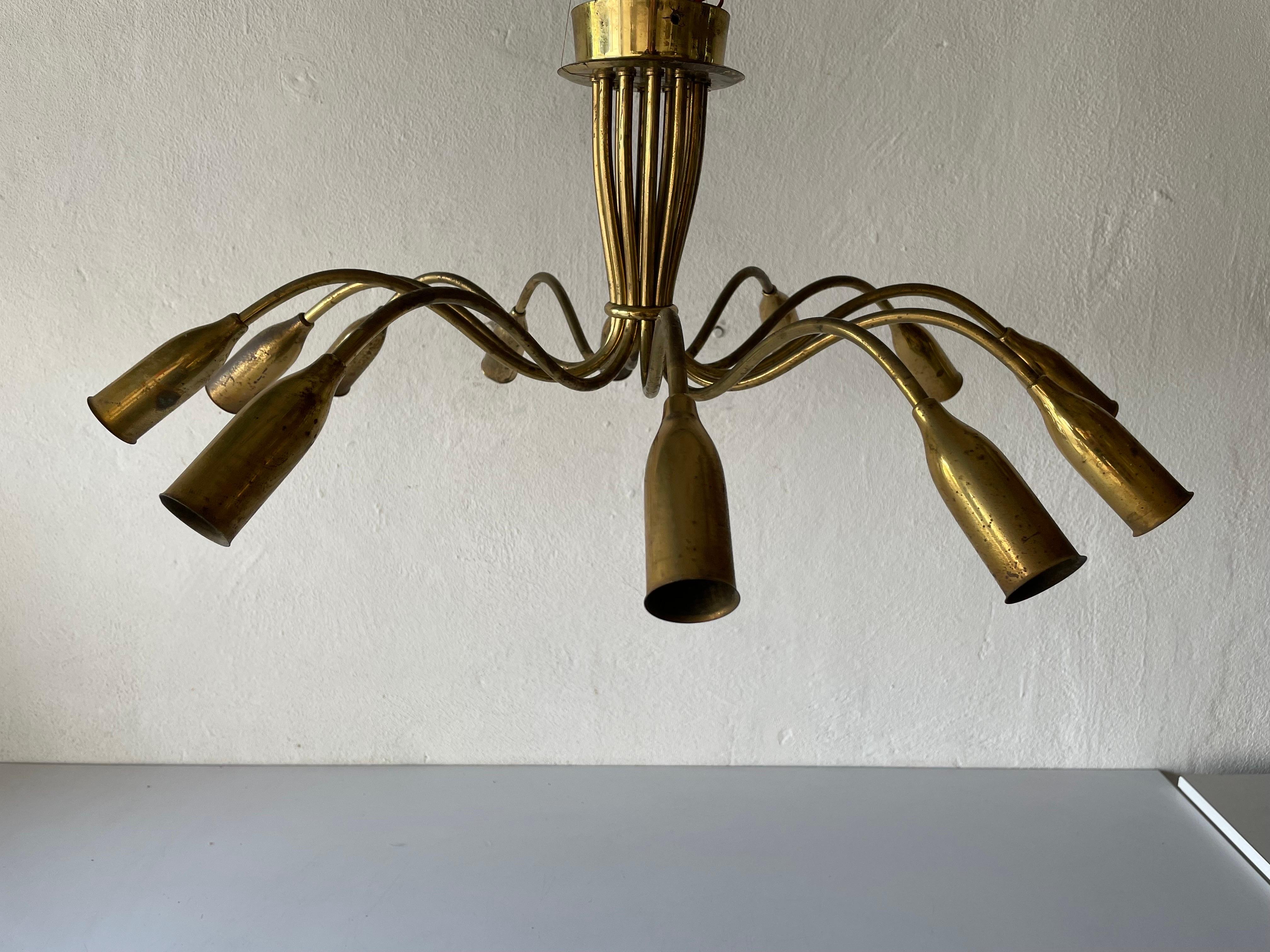 Mid-Century full brass 12-armed sputnik chandelier, 1950s, Germany.
Lampshade is in good condition and very clean. 

This lamp works with 12x E14 light bulbs. 
Wired and suitable to use with 220V and 110V for all countries.

Measures: