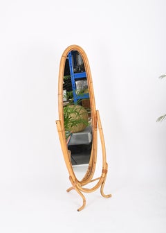 Mid-Century Full-Lenght Pivot Floor Mirror in Rattan, Bamboo, Wicker, Italy 1960