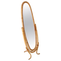 Mid-Century Full-Lenght Pivot Floor Mirror in Rattan, Bamboo, Wicker, Italy 1960