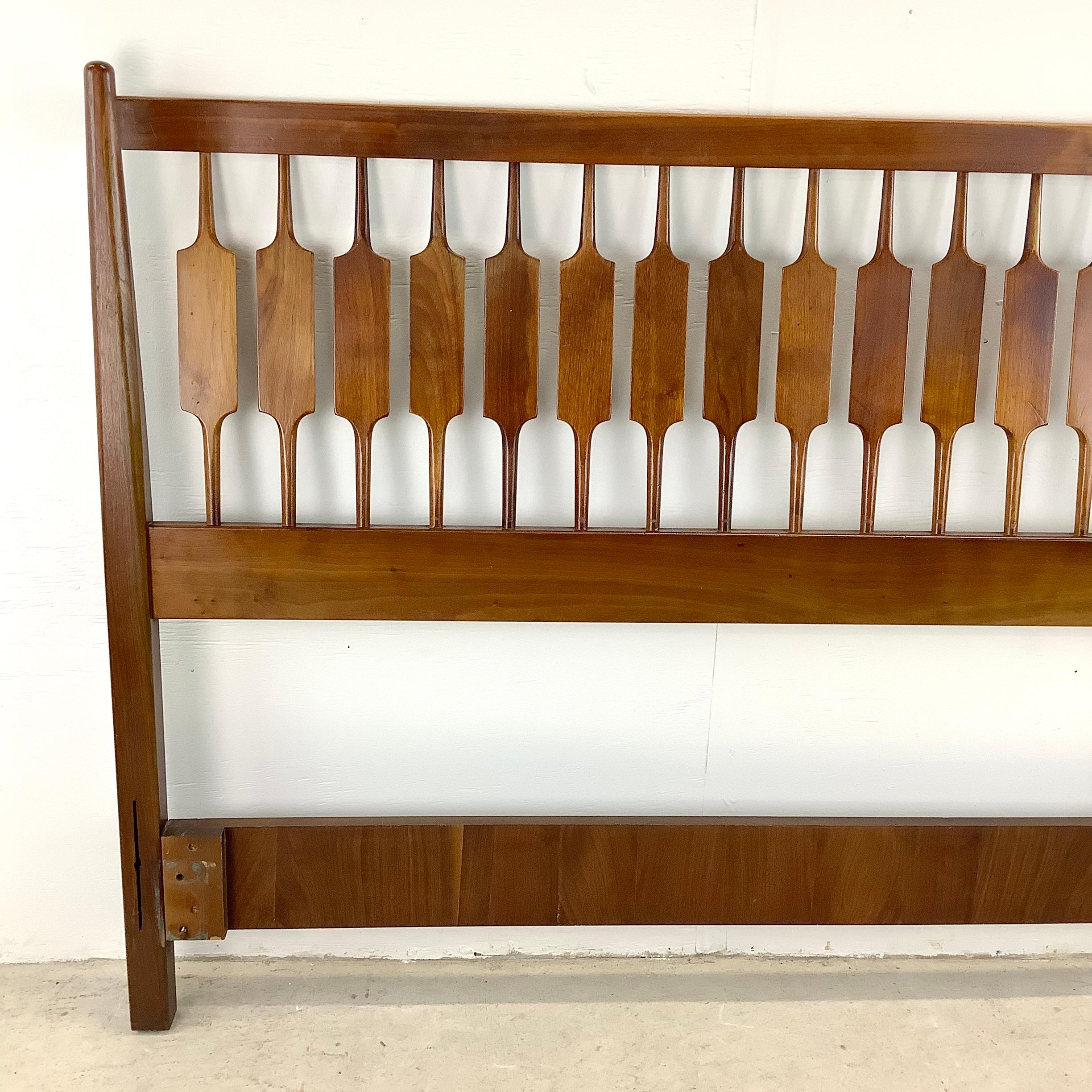 Introducing this MCM Drexel Declaration Full Size Headboard by Kipp Stewart and Stewart MacDougall, a masterpiece of mid-century modern design that brings both artistic flair and functional elegance to your bedroom. This headboard, part of the