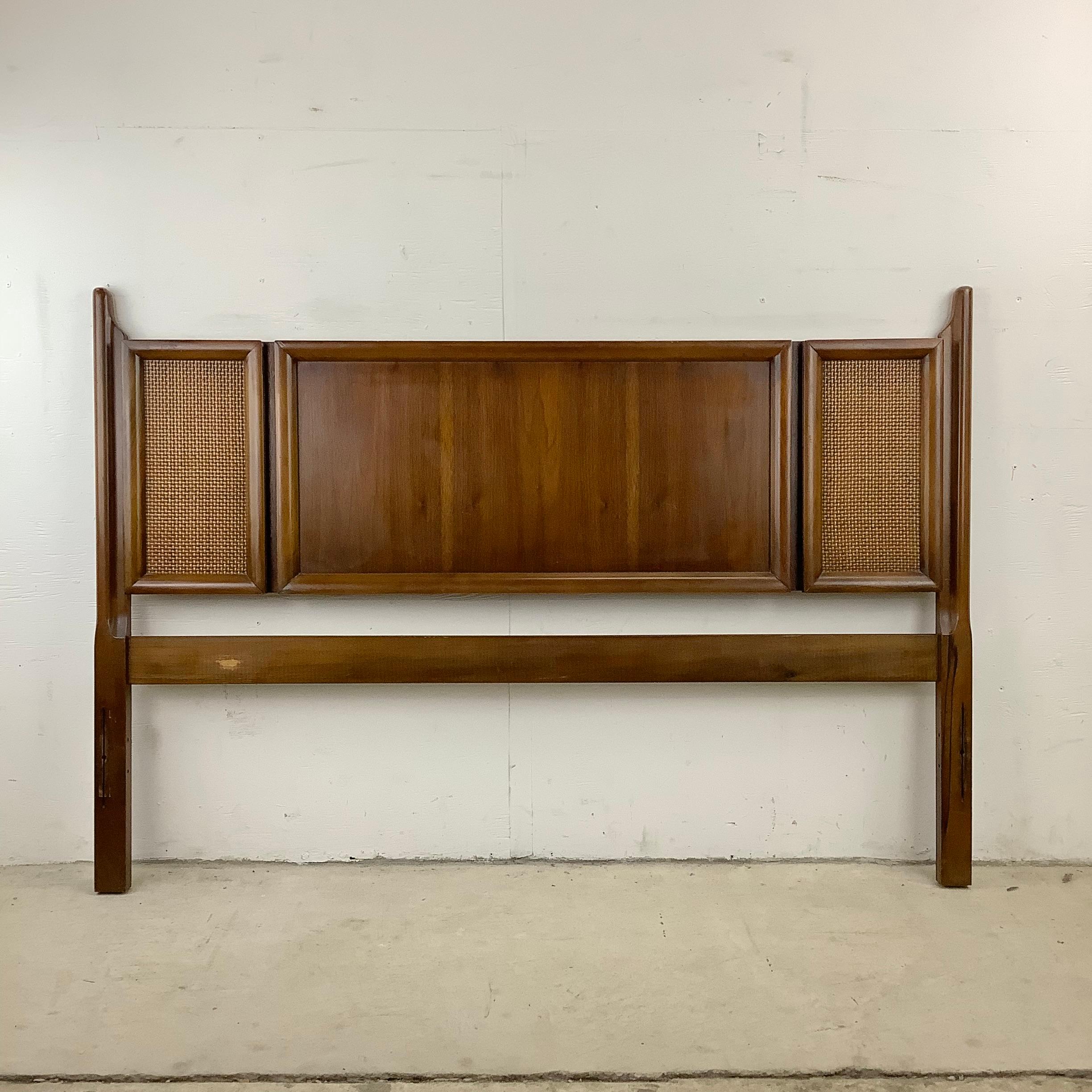 This mid-century full size headboard features vintage walnut finish with cane front details for added distinction to your bedroom centerpiece. At 56 inches wide the headboard is a great fit for most full size bed frames. 

Dimensions: 56 W 2 D 38