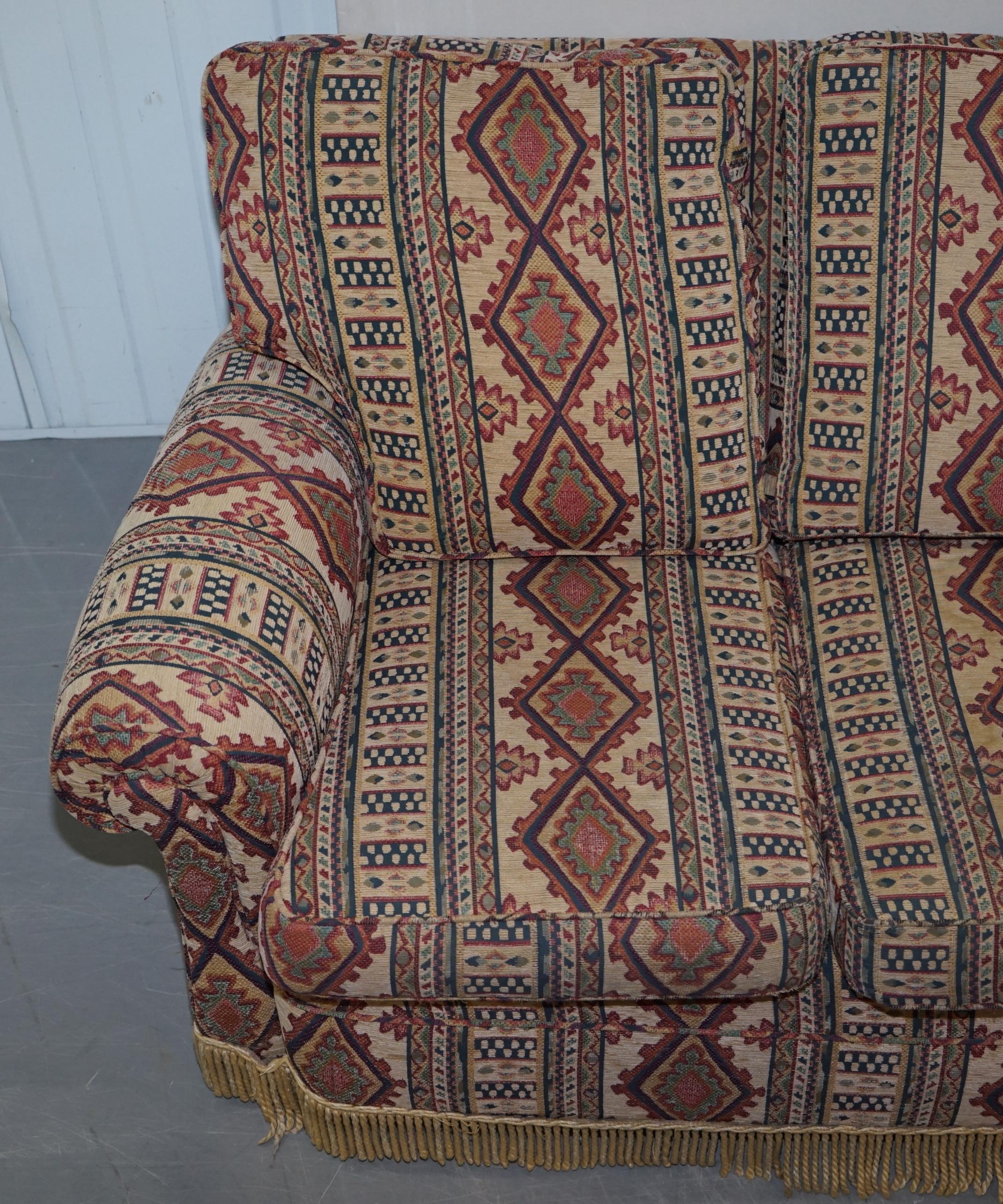 English Midcentury Fully Sprung Art Deco Style Kilim Rug Upholstered Sofa Part of Suite For Sale