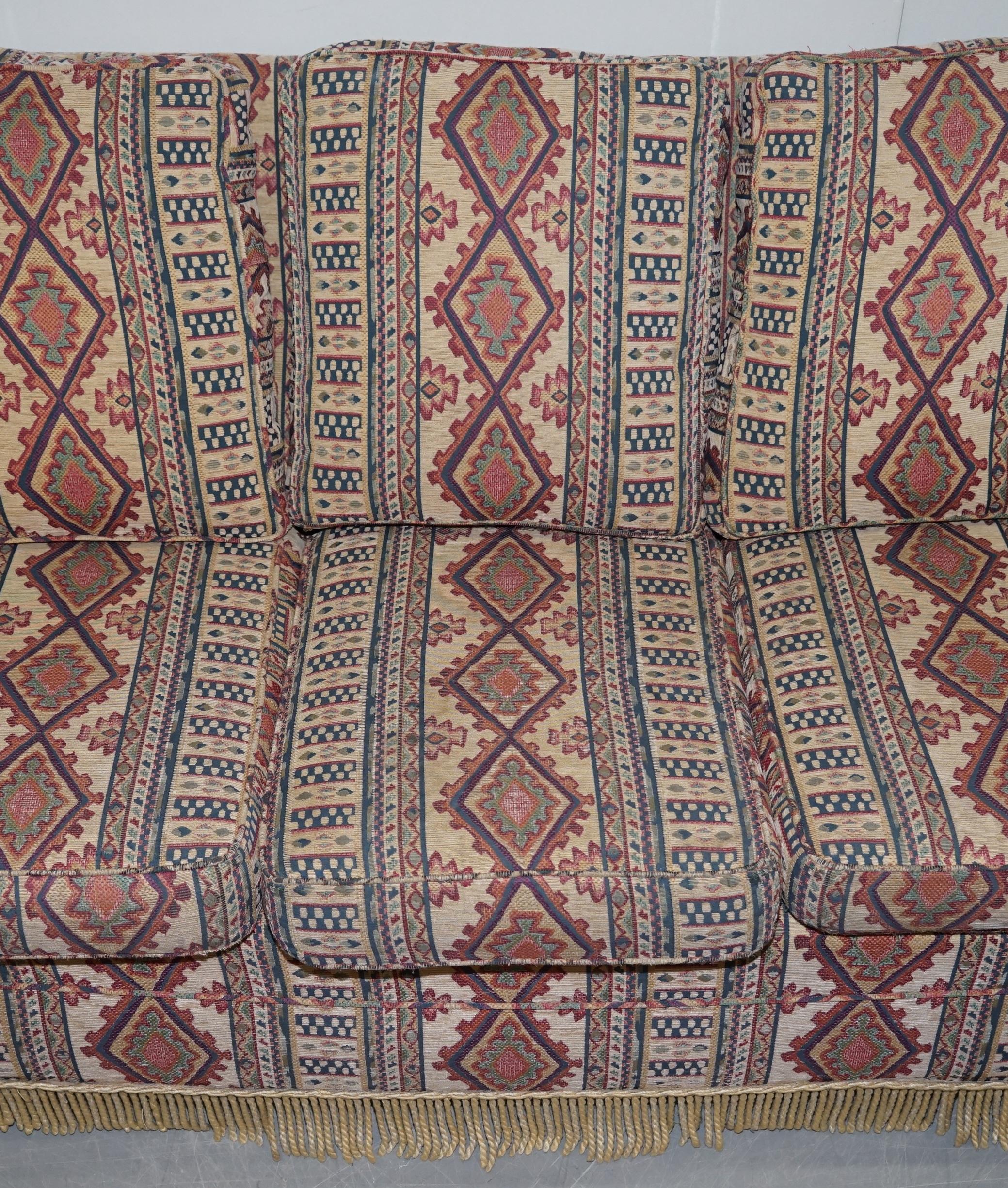 Hand-Crafted Midcentury Fully Sprung Art Deco Style Kilim Rug Upholstered Sofa Part of Suite For Sale