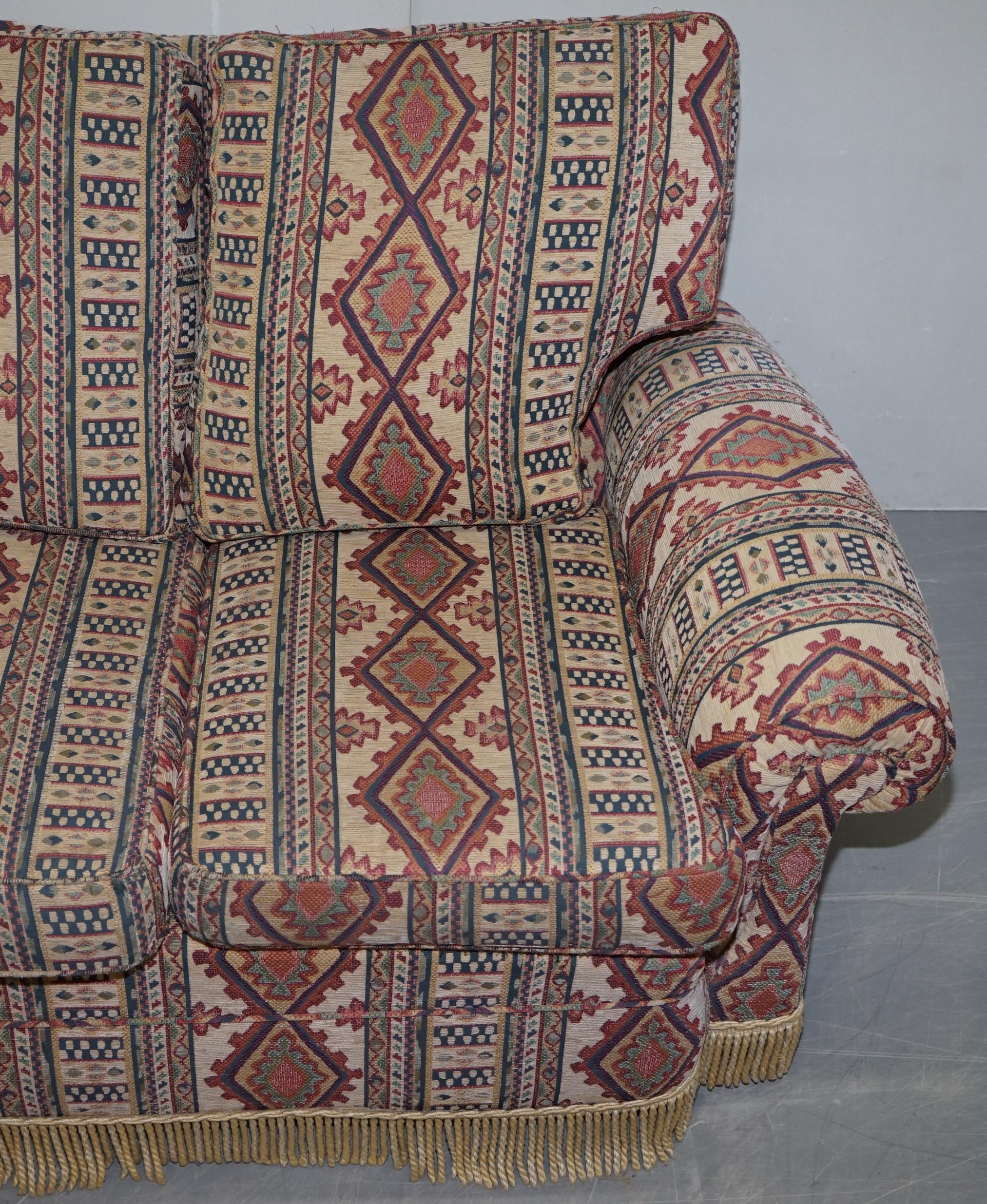 20th Century Midcentury Fully Sprung Art Deco Style Kilim Rug Upholstered Sofa Part of Suite For Sale