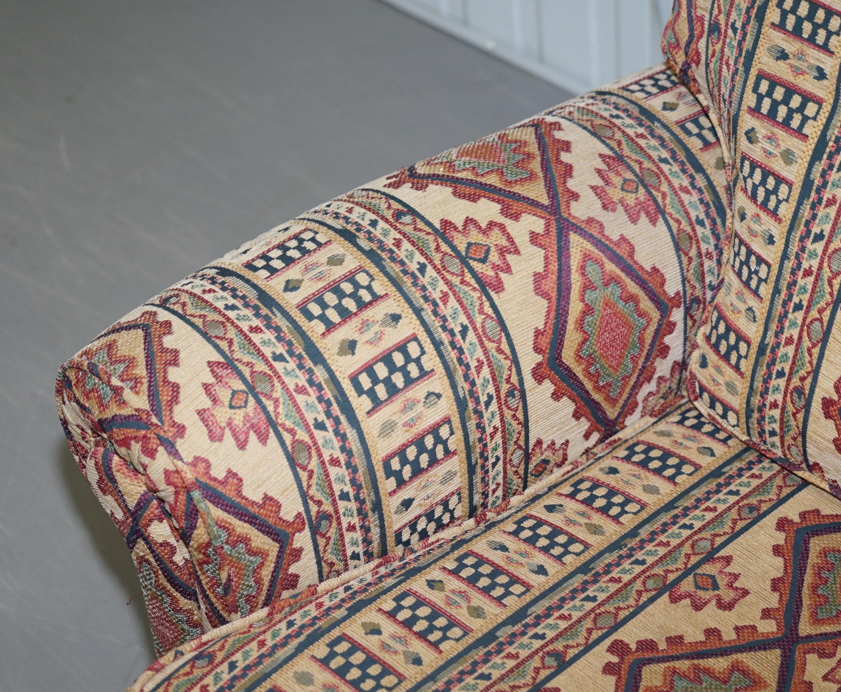 Upholstery Midcentury Fully Sprung Art Deco Style Kilim Rug Upholstered Sofa Part of Suite For Sale