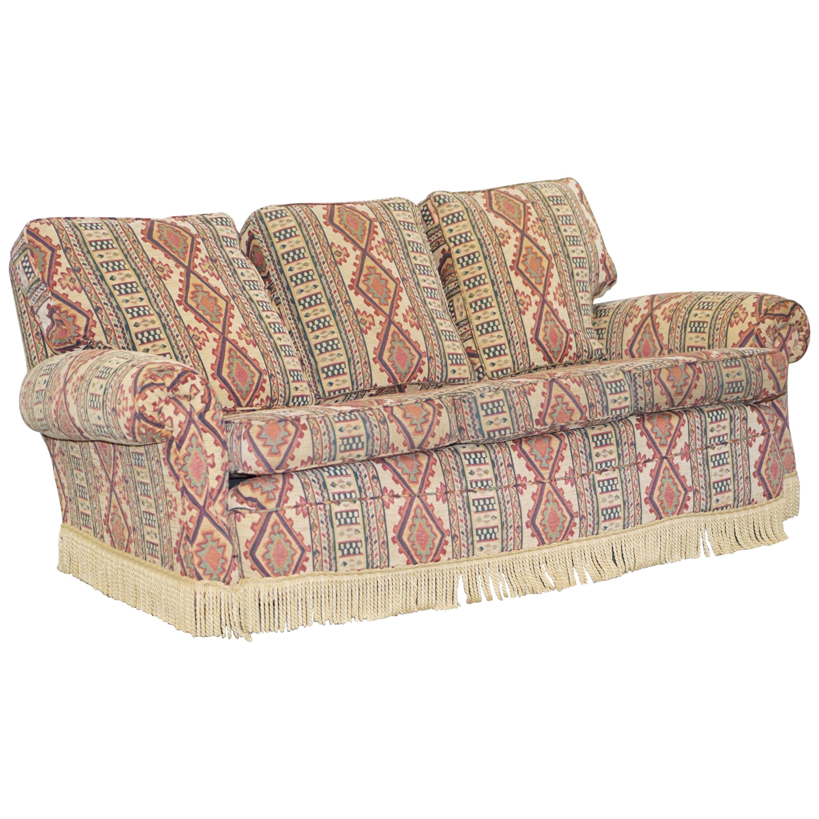 Midcentury Fully Sprung Art Deco Style Kilim Rug Upholstered Sofa Part of Suite For Sale