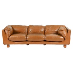 Midcentury Fully Upholstered Cognac Brown Leather 3 Seat Sofa, circa 1970
