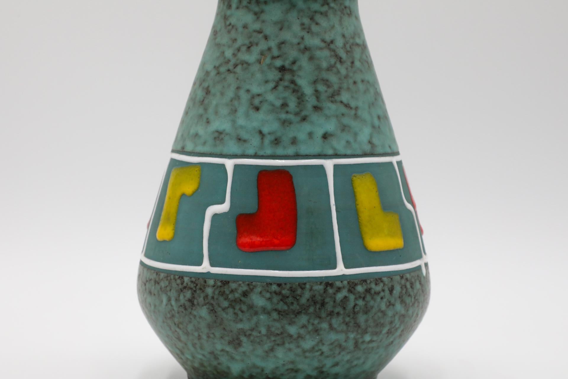 Mid-Century Funky Teal German Vase with Red, Yellow, and White Accents For Sale 3