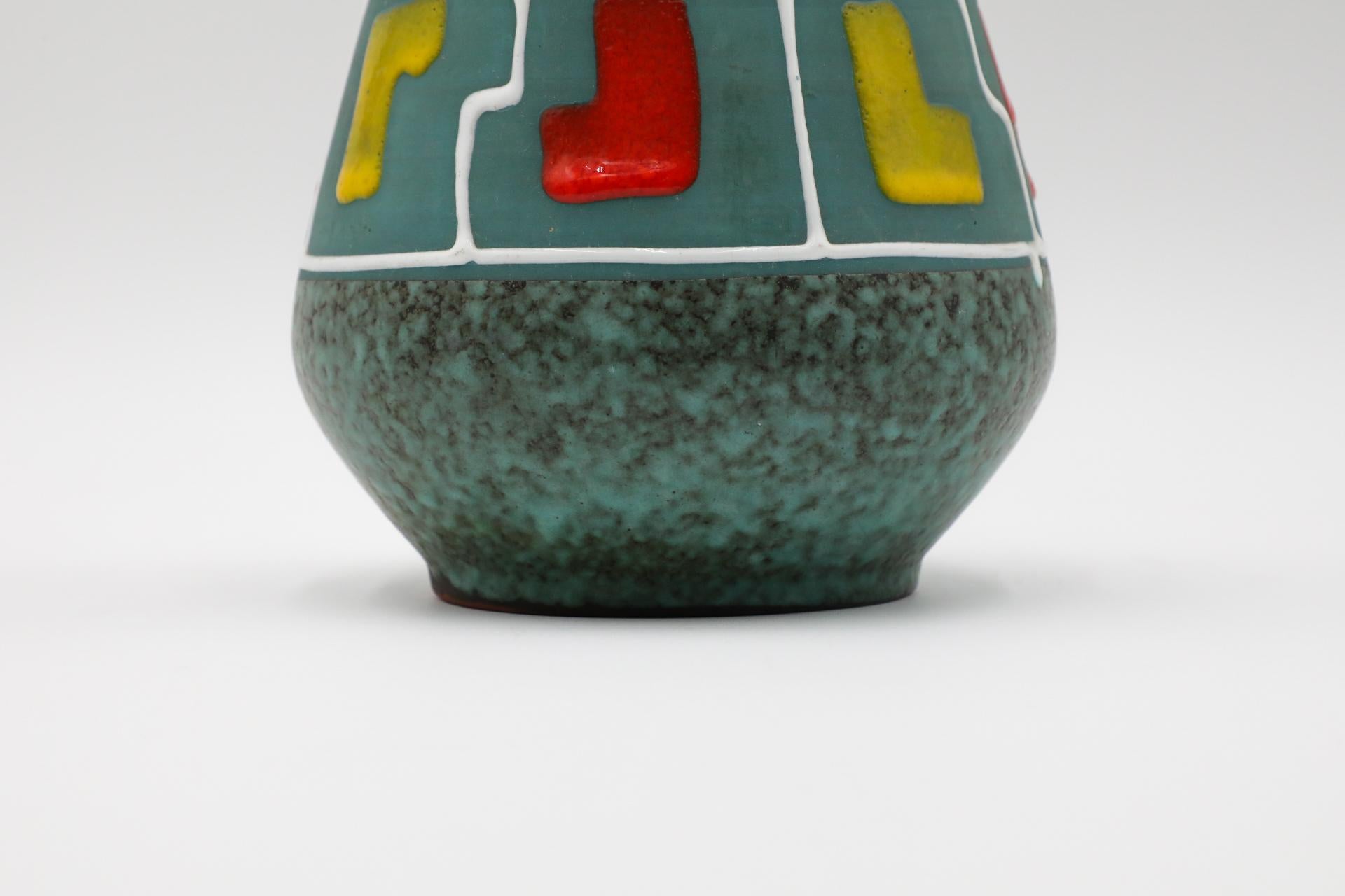 Mid-Century Funky Teal German Vase with Red, Yellow, and White Accents For Sale 4