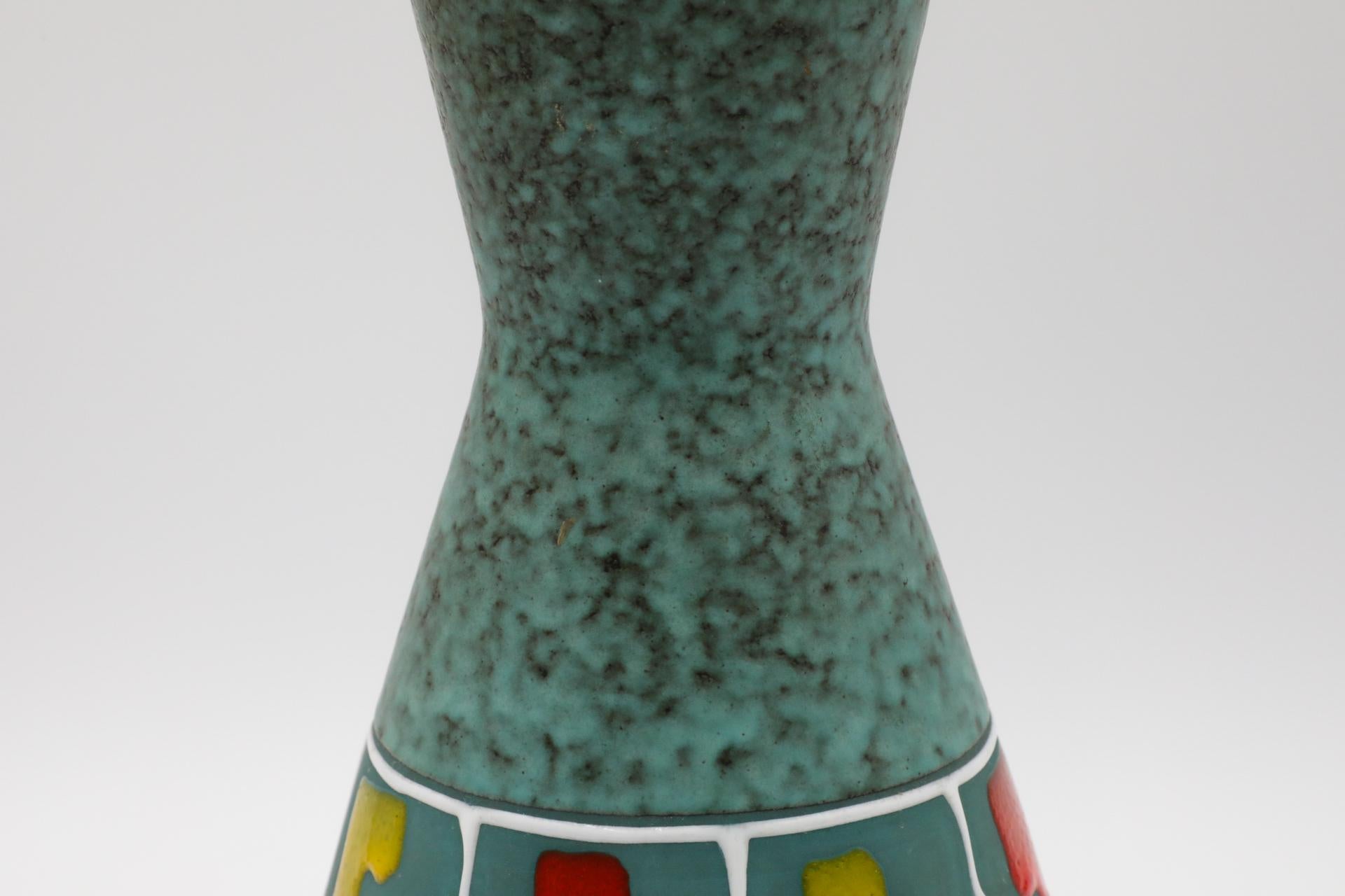 Mid-Century Funky Teal German Vase with Red, Yellow, and White Accents For Sale 5