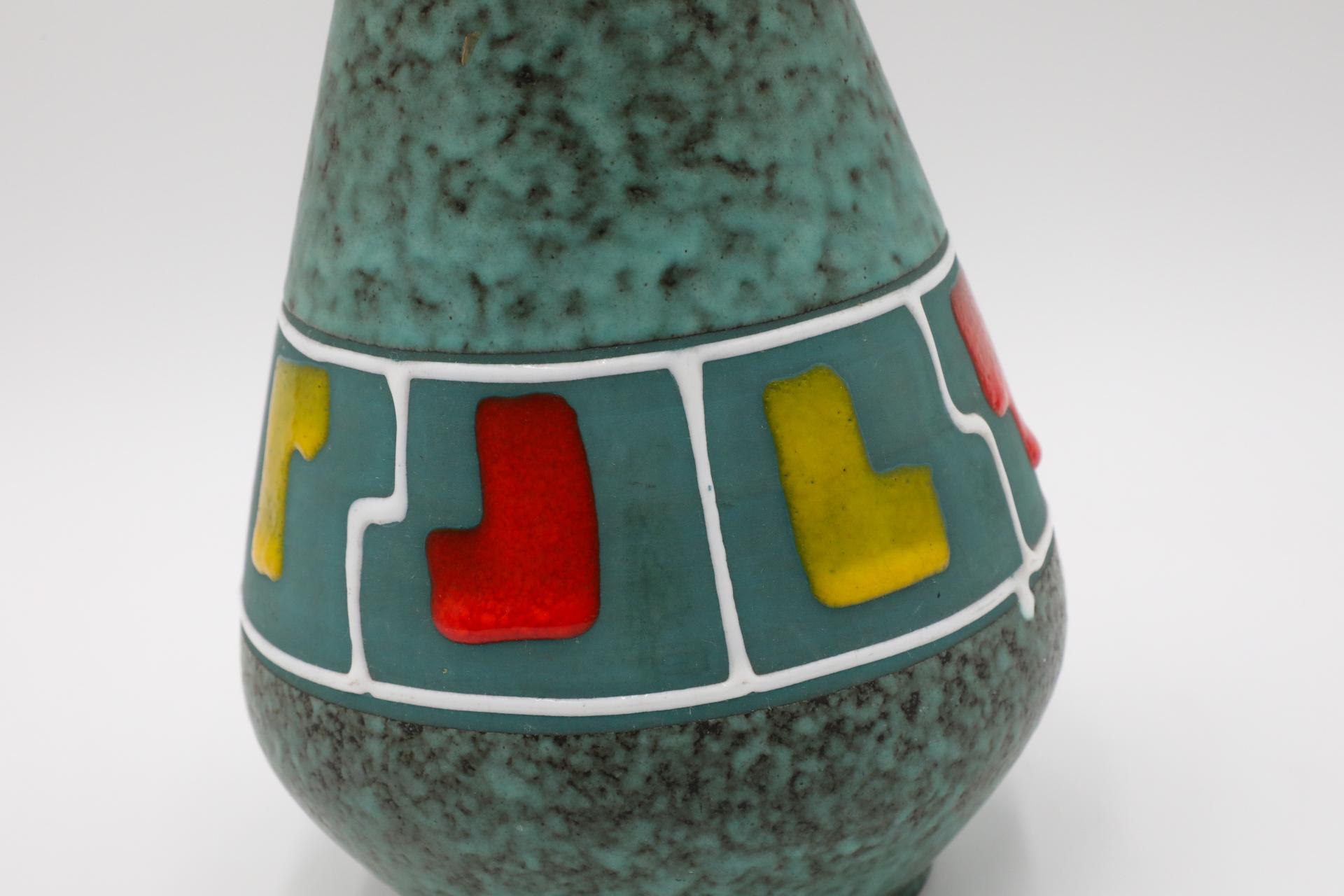 Mid-Century Funky Teal German Vase with Red, Yellow, and White Accents For Sale 6