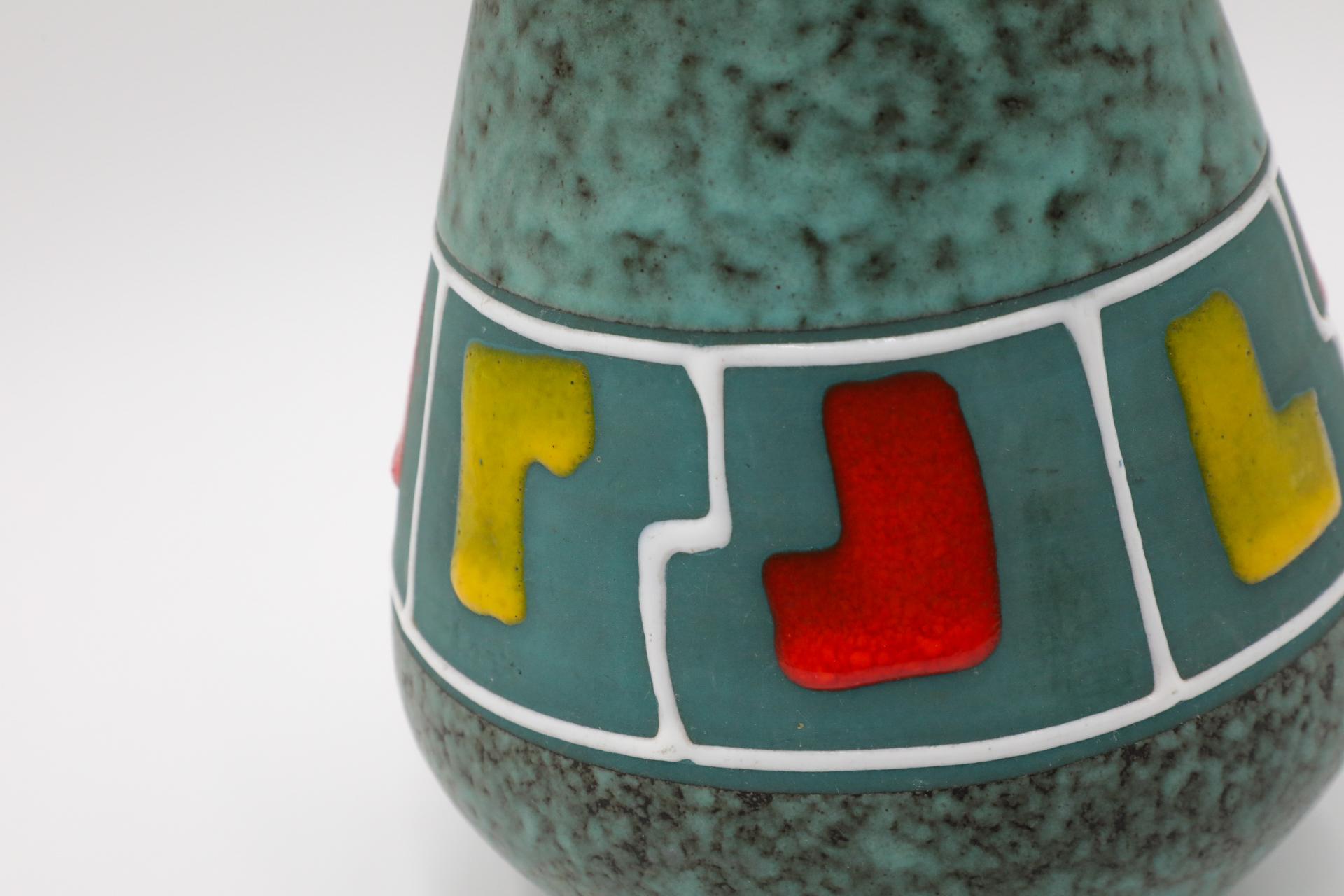 Mid-Century Funky Teal German Vase with Red, Yellow, and White Accents For Sale 7