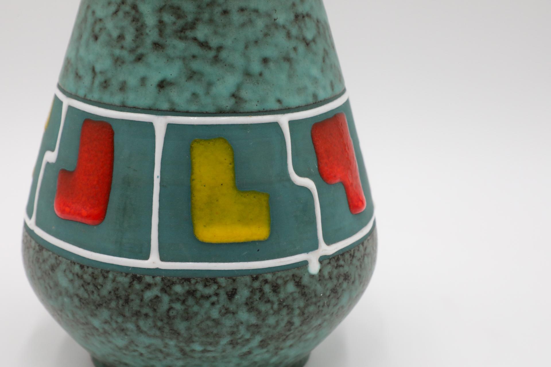 Mid-Century Funky Teal German Vase with Red, Yellow, and White Accents For Sale 8