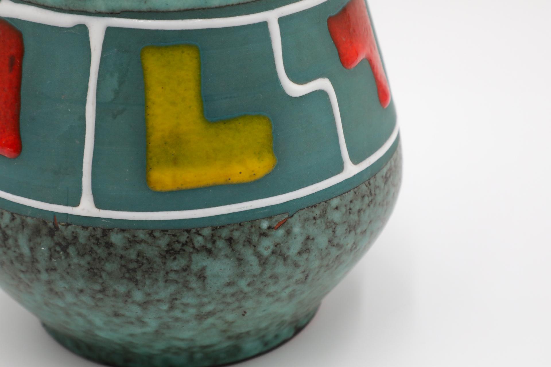 Mid-Century Funky Teal German Vase with Red, Yellow, and White Accents For Sale 9