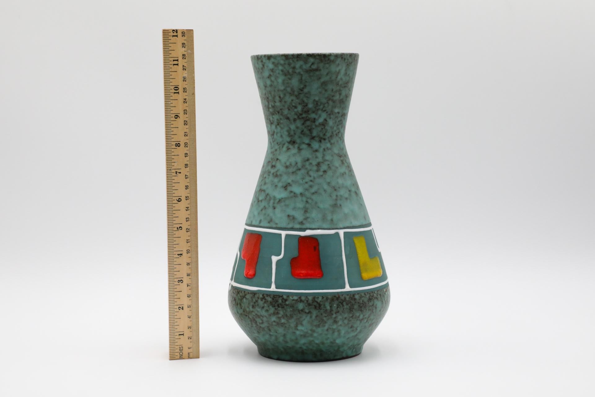 Mid-Century Modern Mid-Century Funky Teal German Vase with Red, Yellow, and White Accents For Sale