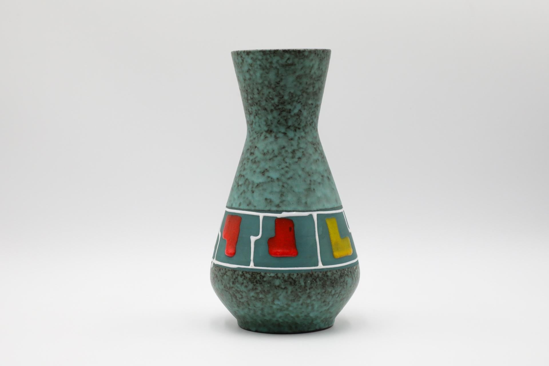 Glazed Mid-Century Funky Teal German Vase with Red, Yellow, and White Accents For Sale